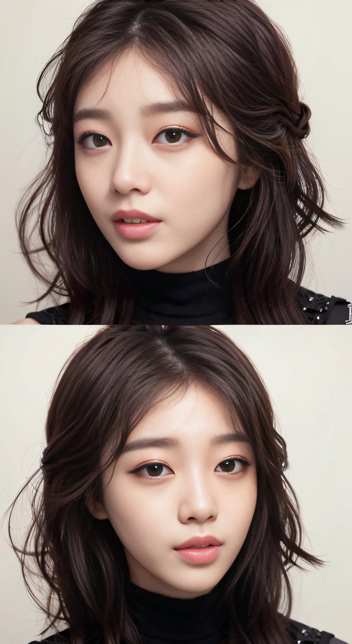 a close up of a woman with a black turtle neck top, full body person, with boobs, korean face features, bae suzy, popular south korean makeup, popular korean makeup, portrait of female korean idol, jaeyeon nam, korean symmetrical face, female actress from korea, asian features, jinyoung shin, lee ji-eun, with cute - fine - face, lee ji - eun, with round face
