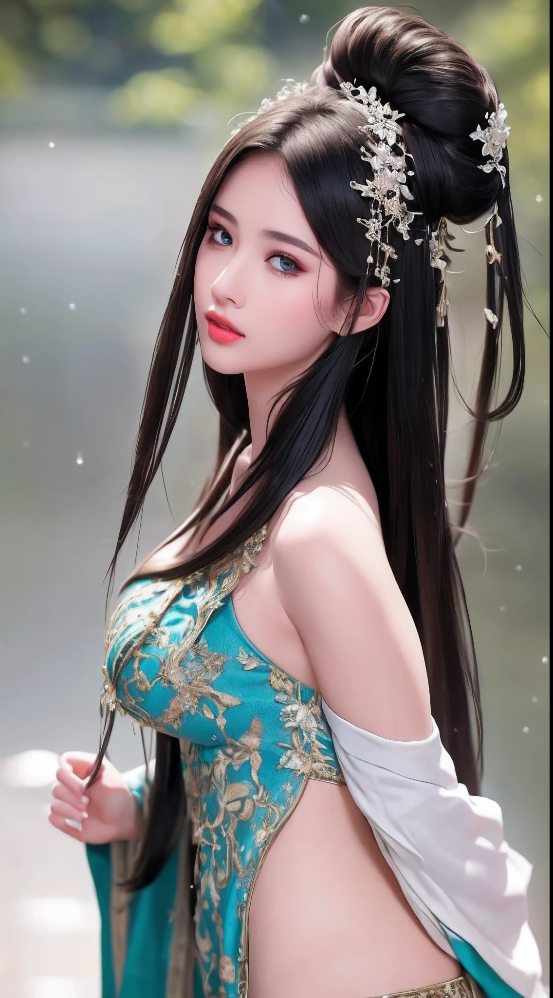 ((Best Quality, 8k, Masterpiece: 1.3)), Focus: 1.2, Perfect Body Beauty: 1.4, Buttocks: 1.2, ((Layered Haircut)), (Wet Clothes: 1.1), (Rain, Street:1.3), (Breasts: 1.2), (Hanfu: 1.2), Bare Shoulders, Bare Legs, Highly Detailed Face and Skin Texture, Fine Eyes, Double Eyelids, Whitened Skin, Long Hair, (Shut Up: 1.5), (Bokeh Background: 1.5), Big Breasts