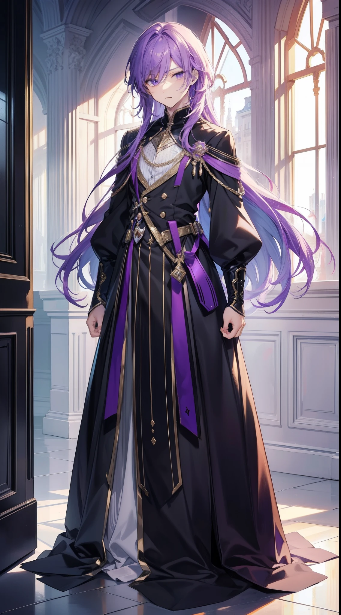 Anime,masterpiece,(bestquality),highlydetailed,ultra-detailed,purple hair:1.5),(1 boy),Full Length Shot(FLS),Beautiful Boys, (beautiful face, cute expression), (, charming), (Broken hair),(Handsome hairstyle),(Whole body diagram)