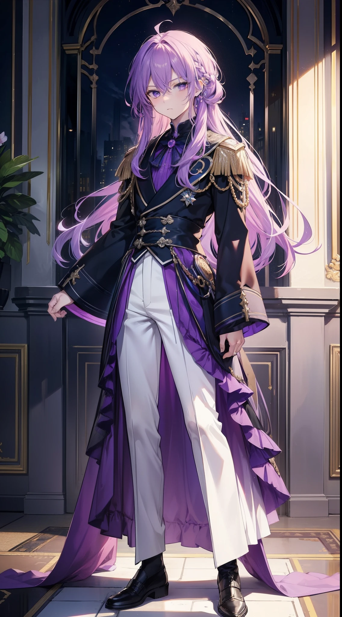 Anime,masterpiece,(bestquality),highlydetailed,ultra-detailed,purple hair:1.5),(1 boy),Full Length Shot(FLS),Beautiful Boys, (beautiful face, cute expression), (, charming), (Broken hair),(Handsome hairstyle),(Whole body diagram)