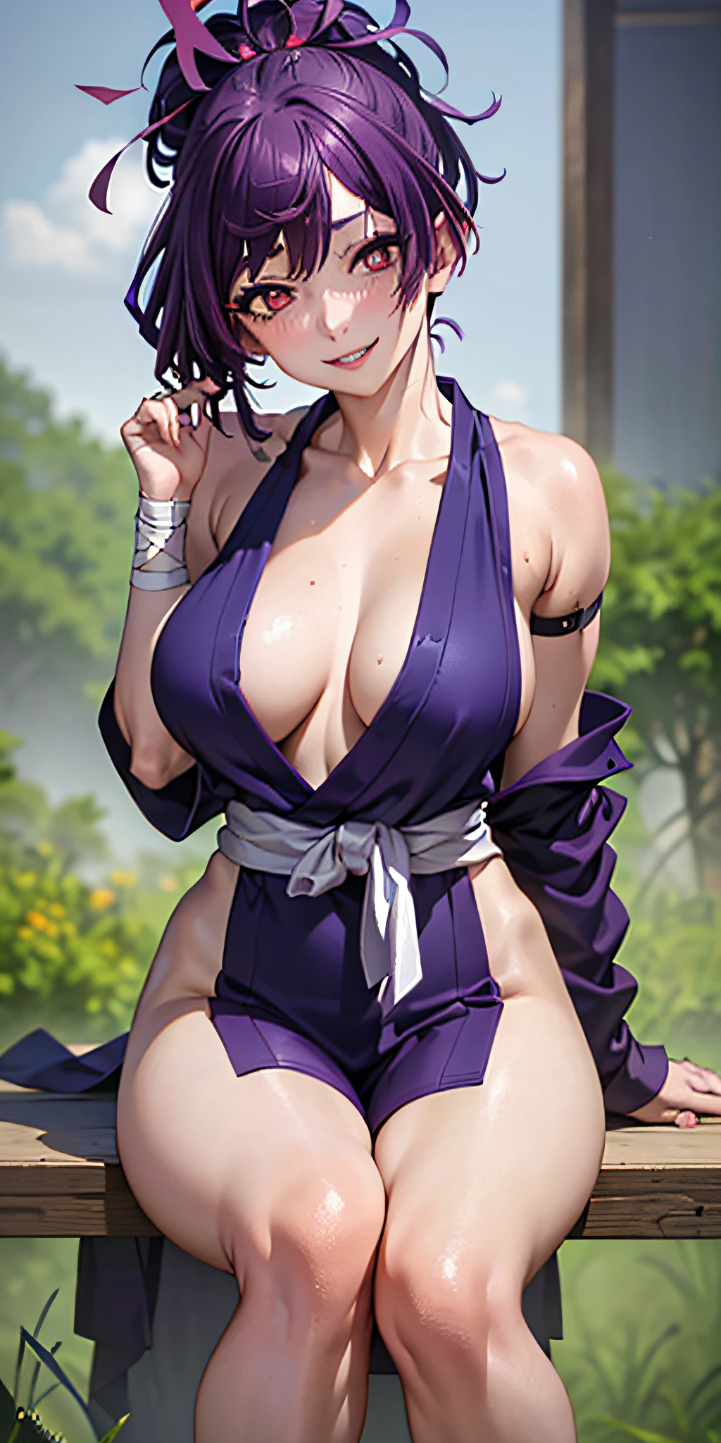 best quality, masterpiece, (leaning over:1.4),
1girl, yuzuriha_(jigokuraku), purple hair, brown eyes, ninja, open clothes, cleavage, small breasts, topknot, medium hair, breasts apart, seductive smile, pants, undressing, (blush:1.1), japanese exterior, temple,
