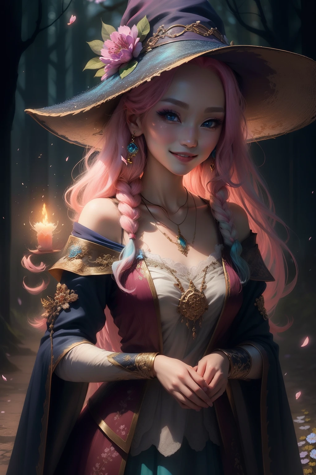 Beautiful maiden avatar，Delicate portrayal of facial features，sparkling blue eyes，Smile Expression，Cute and beautiful makeup，Long pink hair with gradient，Powder blue witch hat，White earring decoration，Cherry blossoms bloom in the background，with petals falling，8K分辨率，High-quality work，Dreamy beautiful colors