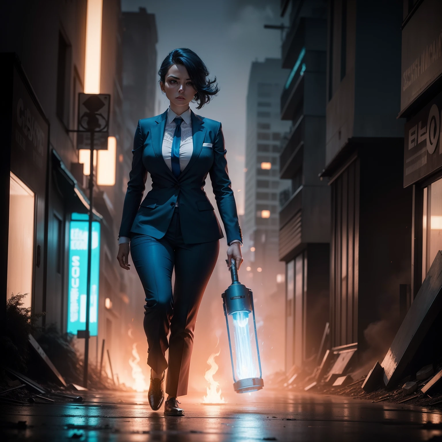 A photography longshot of a business woman, business woman rip suit,holding a torch, walking down an apocalyptic street, blue color palette
