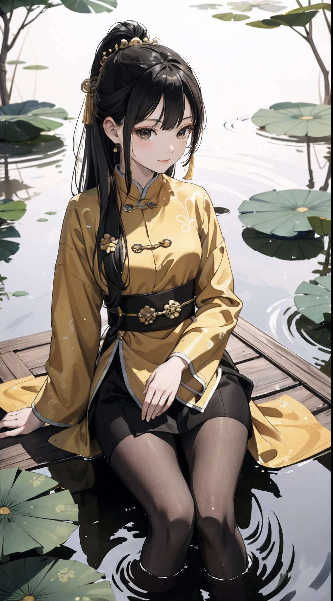 hoang lap,8K high resolution,ultra - detailed,(1girll:1.3),handpainted,Simple lines,16-year-old girl wearing golden Chinese clothes and black pantyhose,beuaty girl,In the lotus pond,tmasterpiece,Sit on a plank floating in the water,Floating hair,looking toward the viewer,ssmile,posed for photo,