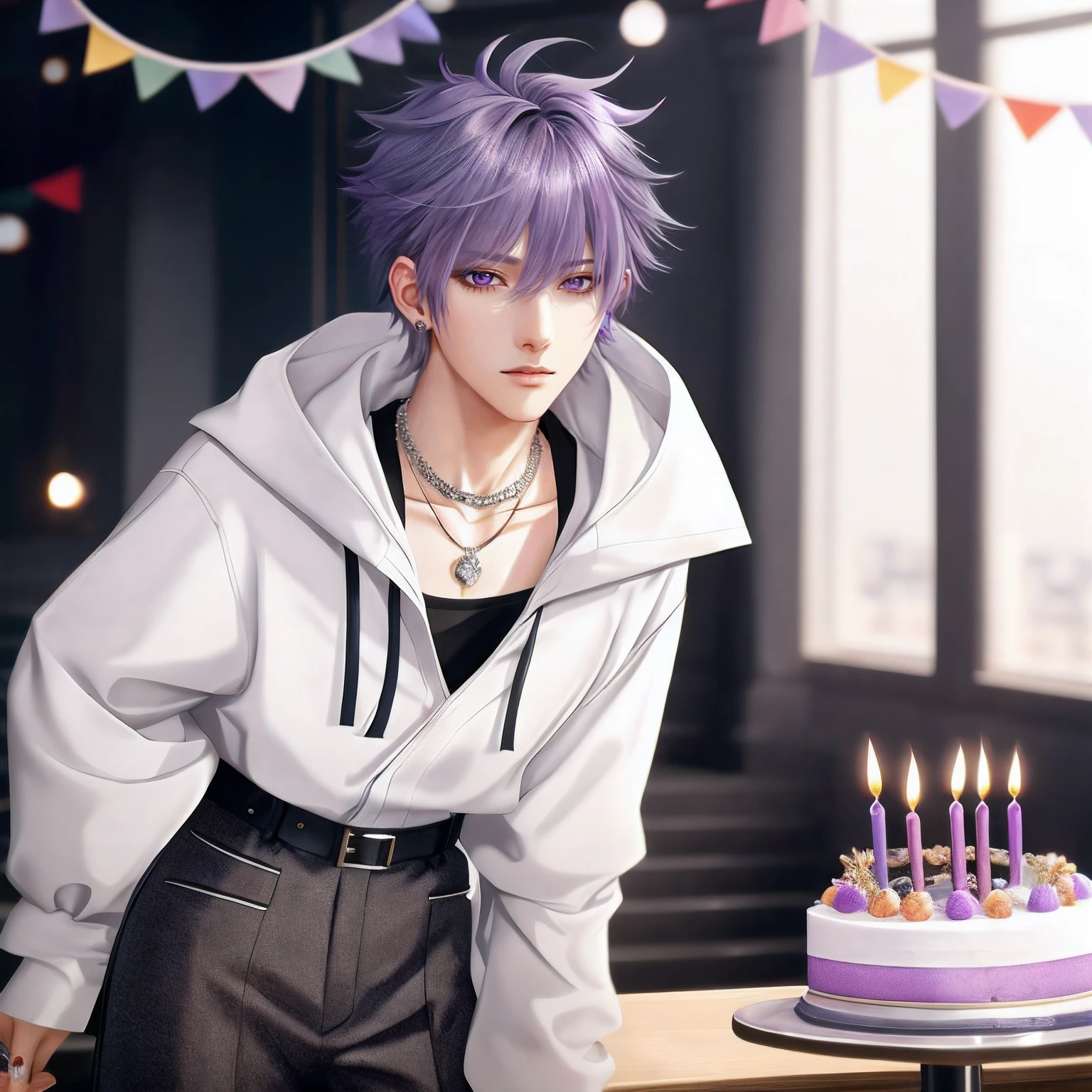You are having a birthday party, Birthday decoration isolated on white background, Professional Photos, By Fedman with a necklace, inspired by Sim Sa-jeong, androgynous vampire, :9 detailed face: 8, extra detailed face, detailed punk hair, ((Gray)) baggy eyes, Seductive. Highly detailed, semi realistic anime, Vampires, hyperrealistic teen, delicate androgynous prince, imvu, Bright purple hair, Gray eyes, Black Casual Korean Men's Fashion((Plain clothe)), Have a cake, Center parting bangs, short hair above the ears, ((Glaring expression)), Wild look, looking distantly, high-level image quality, masterpiece, ((1 male human)), Cake in front of you, celebration