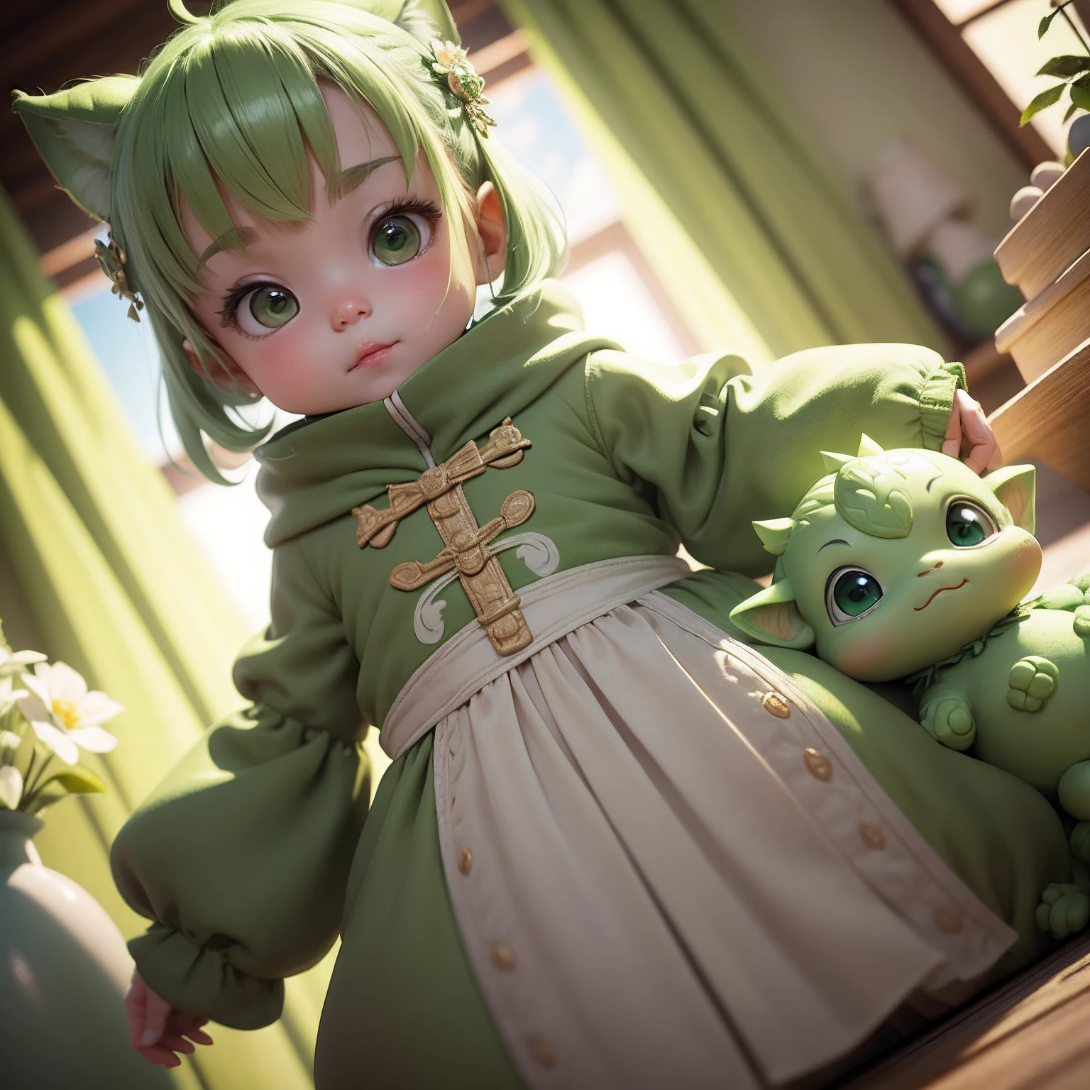masterwork　。.。.。.。.3D ，3D ，A baby dressed in a tender green dragon costume plays with cute baby dragons,lovely digital painting, Cute detailed digital art, adorable digital art, Cute cartoon character, Realistic cute girl painting, cute detailed artwork, Beautiful character painting,digital cartoon painting art, Cute cartoon,Girl in fashionable outfit