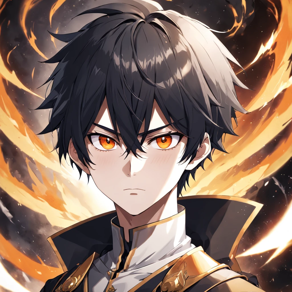 male anime boy，19years old，Black color hair，short detailed hair，White gold bangs，quadratic element，with fair skin，high and cold，In a white marble palace，Domineering，elite，Pointed face，Orange pupils，White whites of the eyes，(((Black and Firey armor for men)))，golden trim，Very dark sky，pocketwatch，Impeccable, ((bended fire orbiting the head of the man))