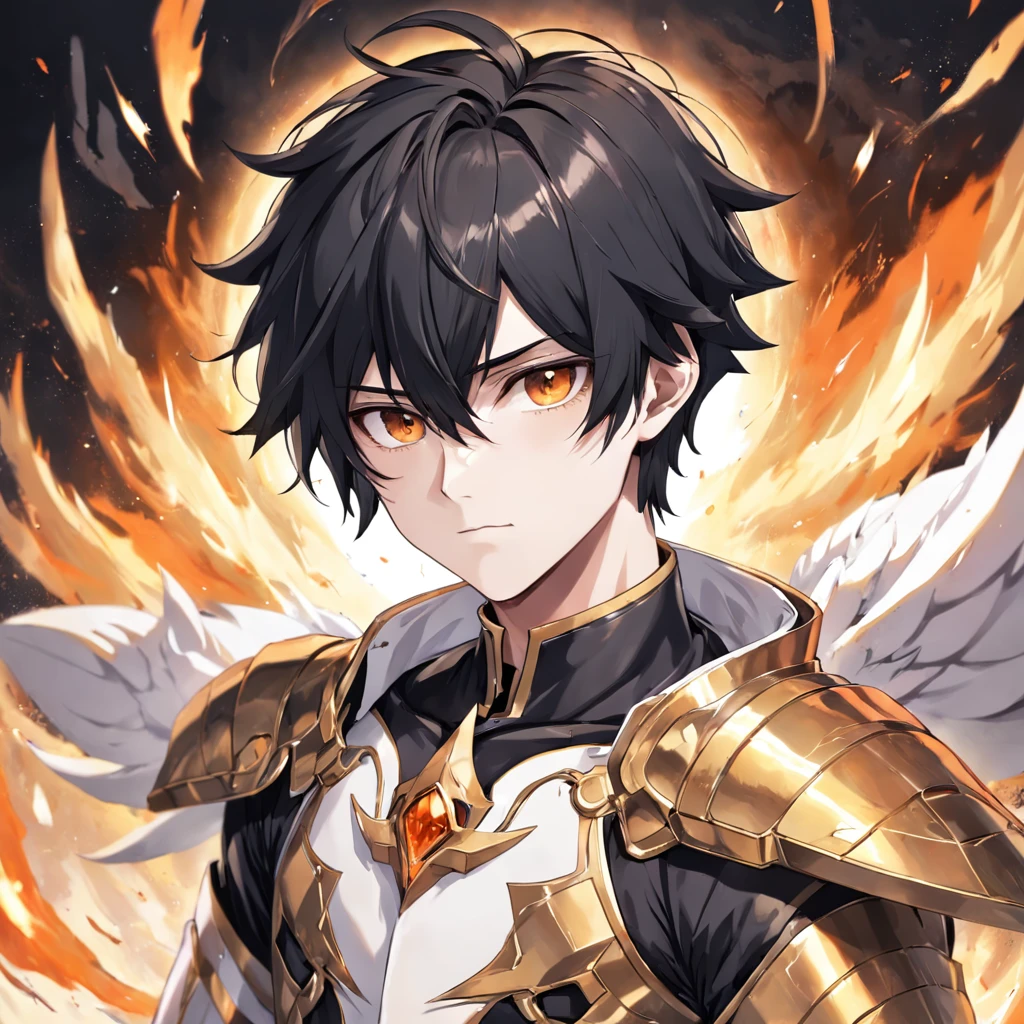 male anime boy,19years old,Black color hair,short detailed hair,White gold bangs,quadratic element,with fair skin,high and cold,In a white marble palace,Domineering,elite,Pointed face,Orange pupils,White whites of the eyes,(((Black and Firey armor for men))),golden trim,Very dark sky,pocketwatch,Impeccable, ((bended fire orbiting the head of the man))