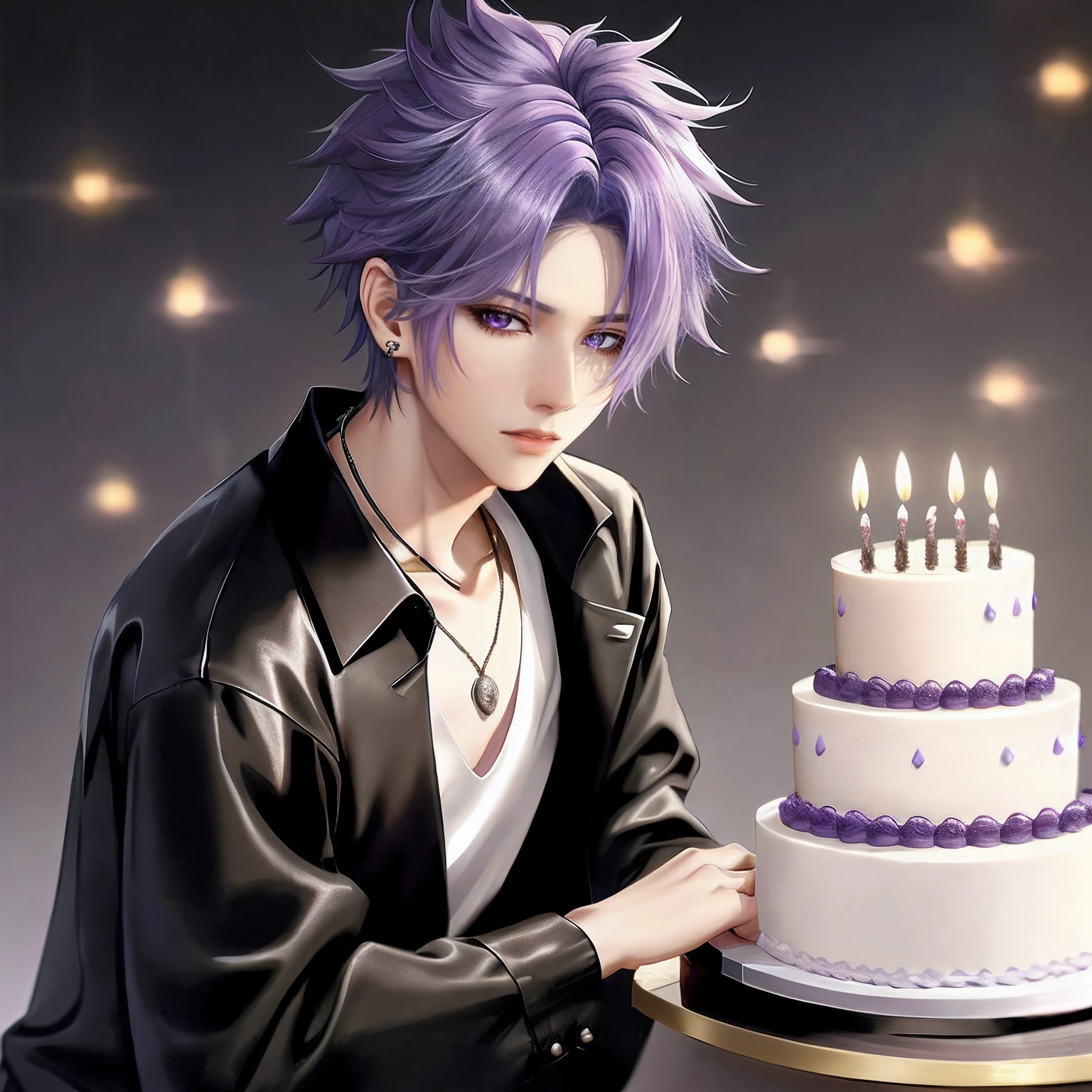You are having a birthday party, Birthday decoration isolated on white background, Professional Photos, By Fedman with a necklace, inspired by Sim Sa-jeong, androgynous vampire, :9 detailed face: 8, extra detailed face, detailed punk hair, ((Gray)) baggy eyes, Seductive. Highly detailed, semi realistic anime, Vampires, hyperrealistic teen, delicate androgynous prince, imvu, Bright purple hair, Gray eyes, Black Casual Korean Men's Fashion((Plain clothe)), Have a cake, Center parting bangs, short hair above the ears, ((Glaring expression)), Wild look, looking distantly, high-level image quality, masterpiece, ((1 male human)), Cake in front of you, celebration
