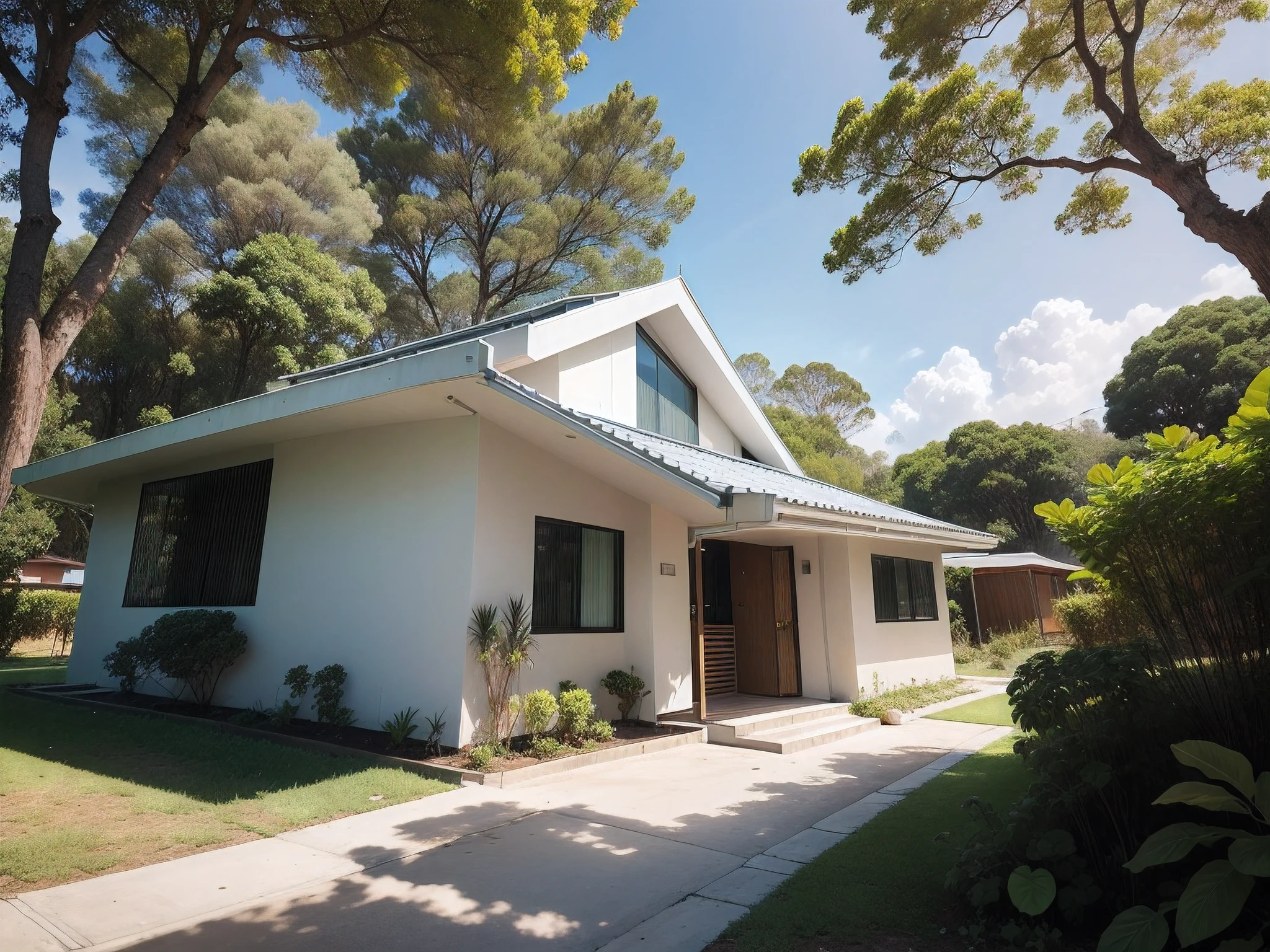 Um casa ultra moderna futurista, com acabamentos de metal, com detalhes de a ouro brilhante, casa inspirada em oscar niemeyer, estrutura da casa desafiando as leis da gravidade, casa moderna desafiando a lei da gravidade, em um fundo de uma floresta nativa, dia ensolarado com poucas nuvens, Realistic photography.