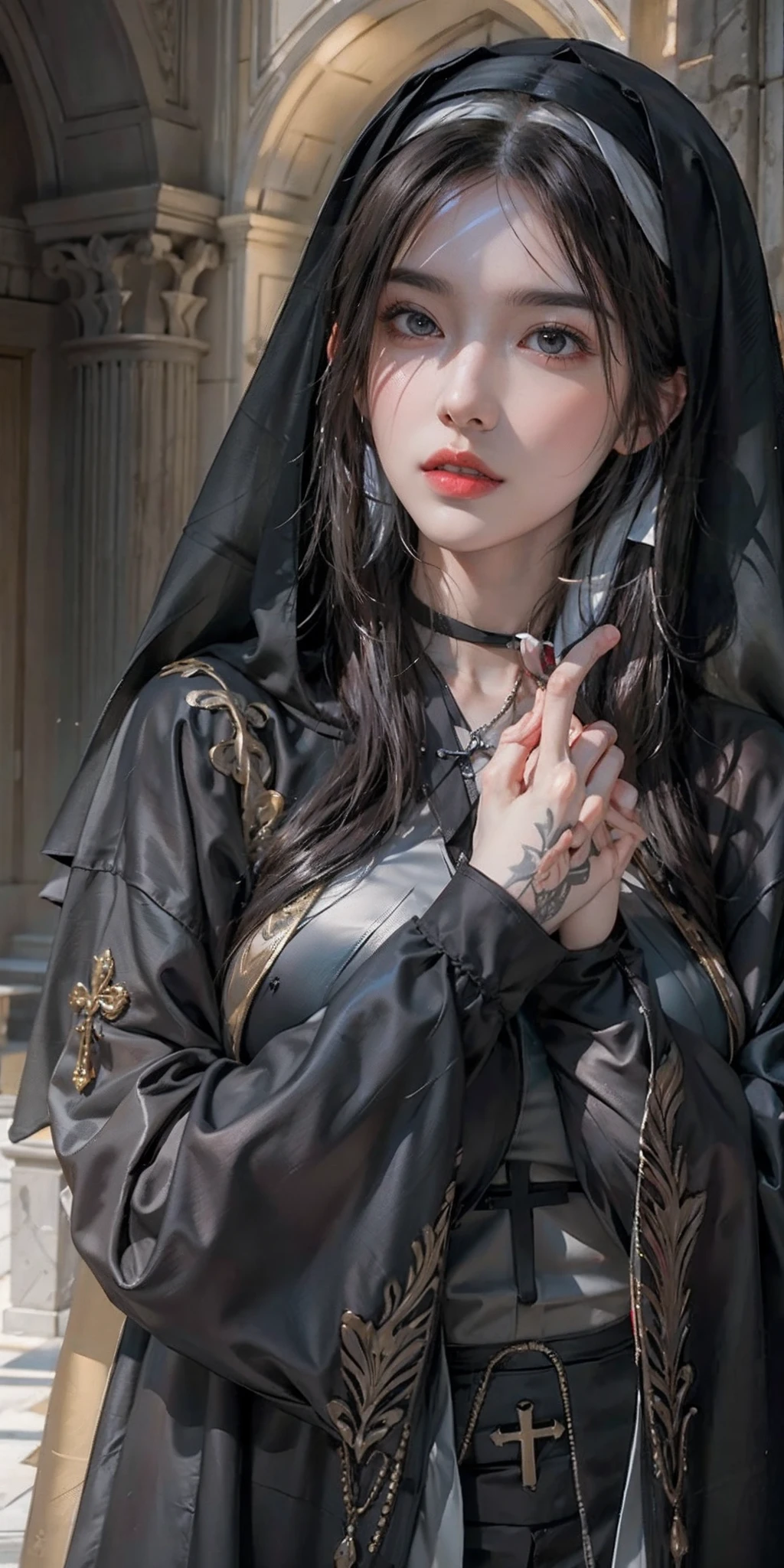 photorealistic, high resolution, soft light,1women, solo, hips up, shining skin, (detailed face), jewelry, tattoo, huge breasts, black nun clothing
