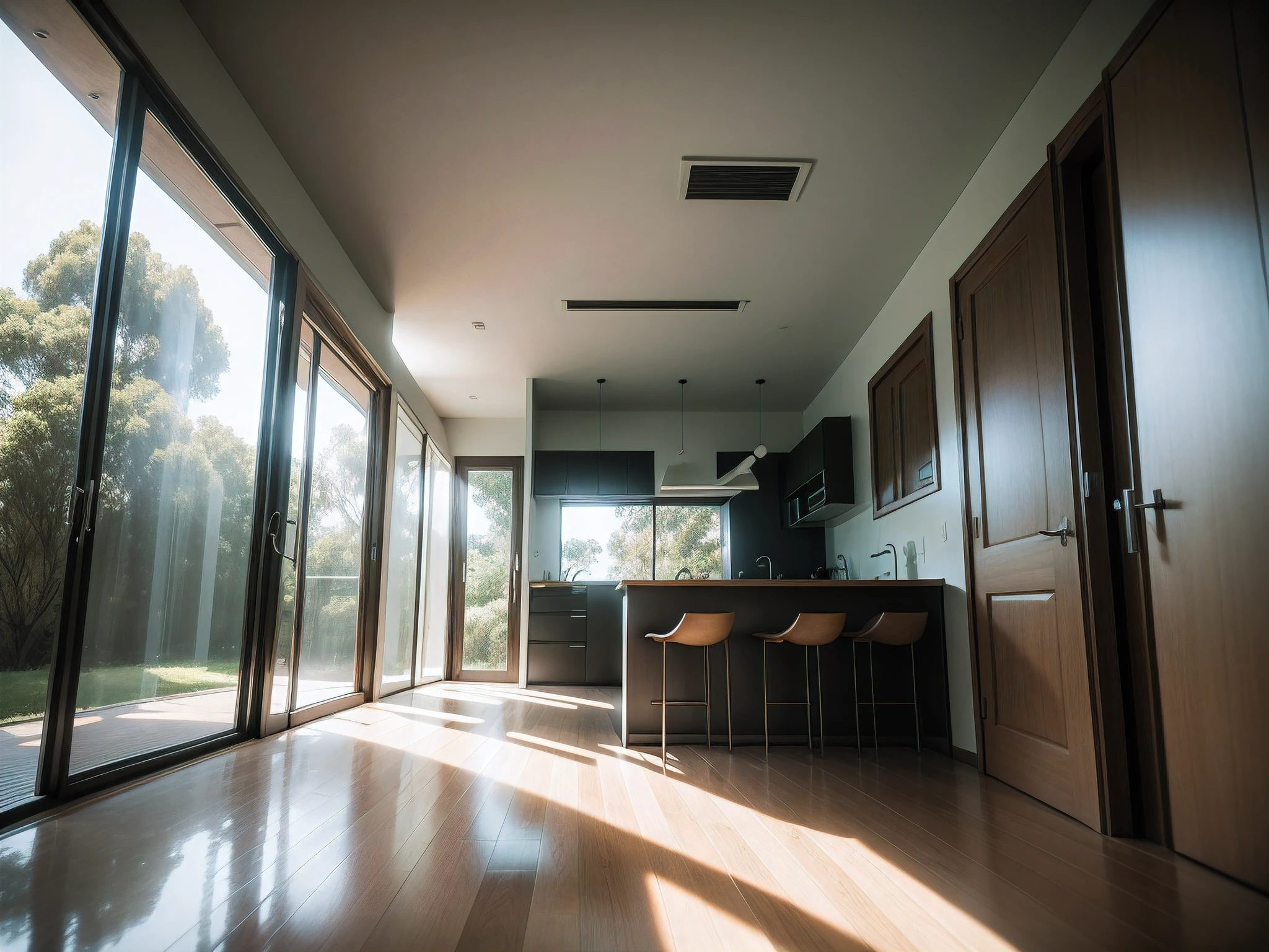 Um casa ultra moderna futurista, com acabamentos de metal, com detalhes de a ouro brilhante, casa inspirada em oscar niemeyer, estrutura da casa desafiando as leis da gravidade, casa moderna desafiando a lei da gravidade, em um fundo de uma floresta nativa, dia ensolarado com poucas nuvens, Realistic photography.