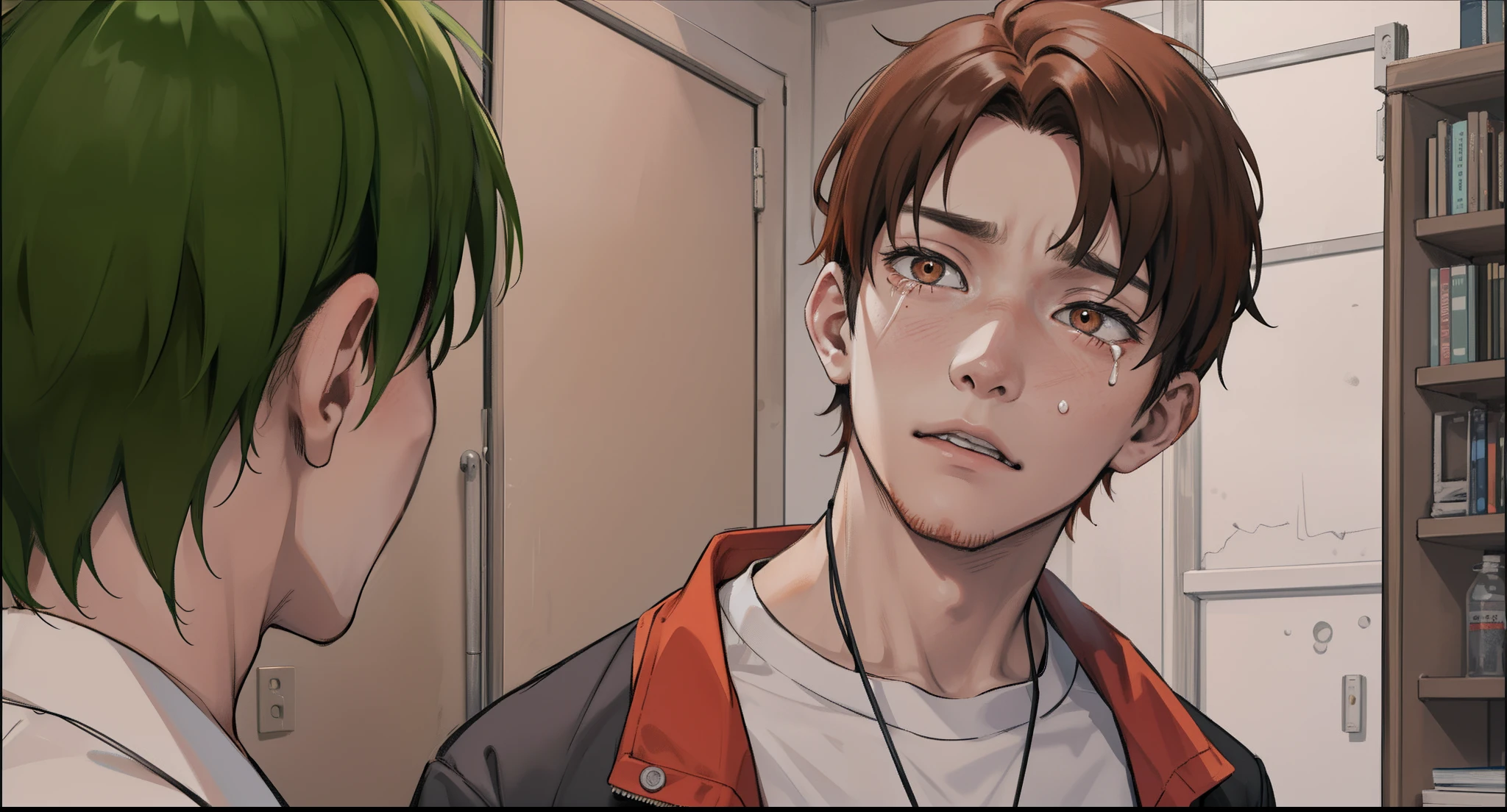 Orange-haired 15-year-old cries with sadness because his friend has died, Clenches his fists in anger, energia y luces salen de su cuerpo