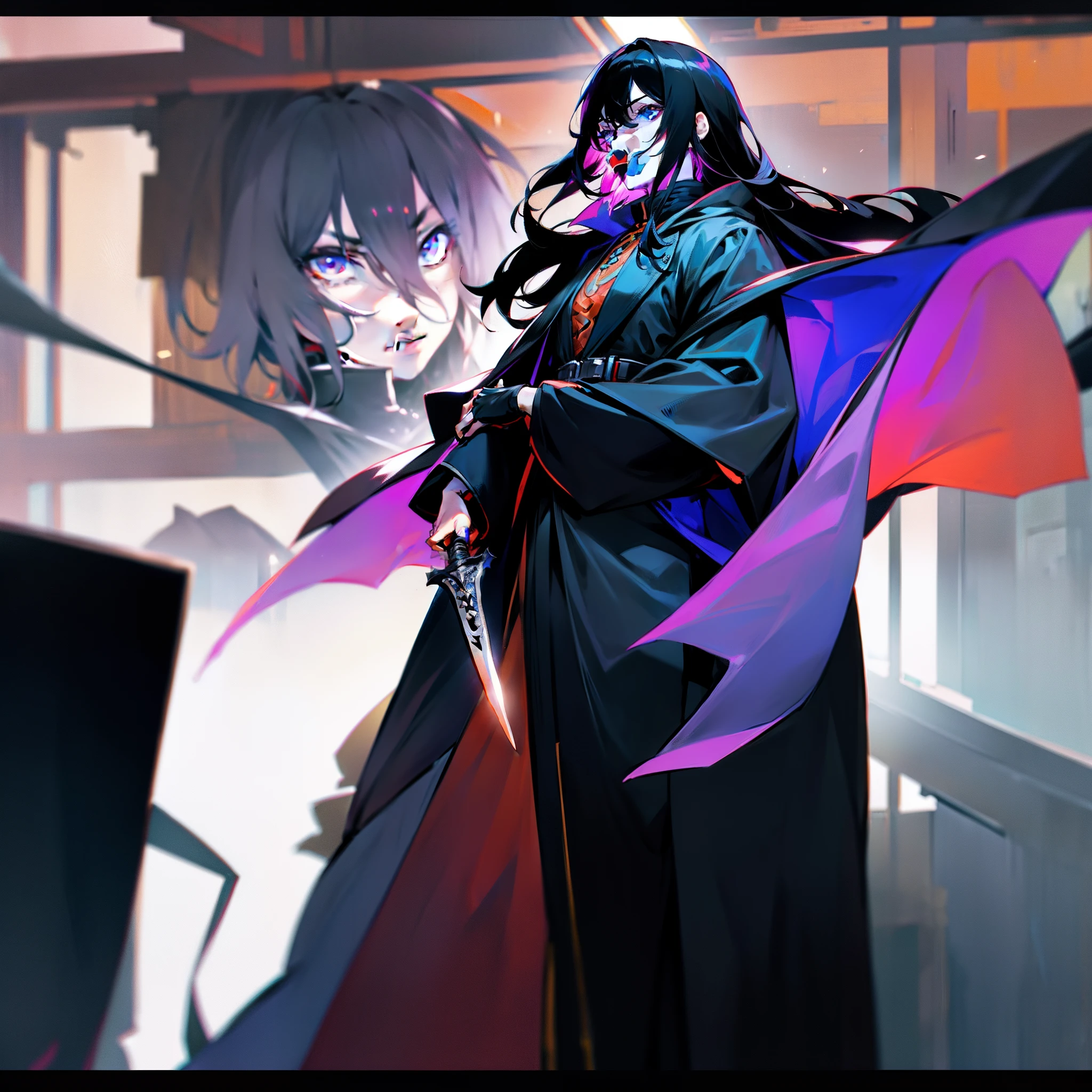 1male people，Holding a Tang knife，Stand on the top floor of a cyberpunk-inspired building，Wearing a cloak，The cloak fluttered slightly，Face away from the camera，Black pantsuit，Ray traching，Top image quality，超高分辨率，the night