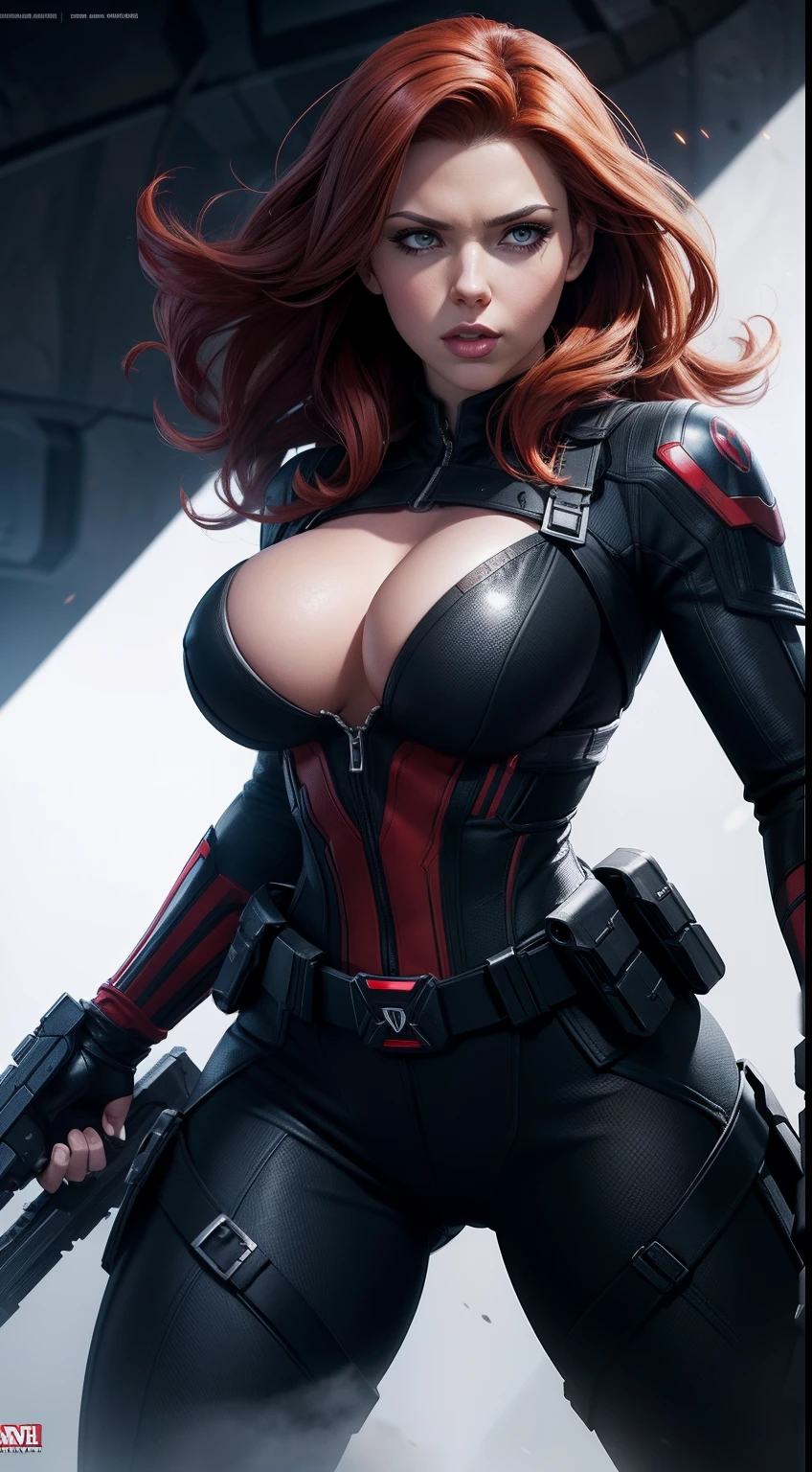 Black Widow (big tits) от Marvel Comics, fantasy setting, Dynamic poses, whitebackground, Character concept, character art, Character portrait, tmasterpiece, beste-Qualit, best resolution, 8K