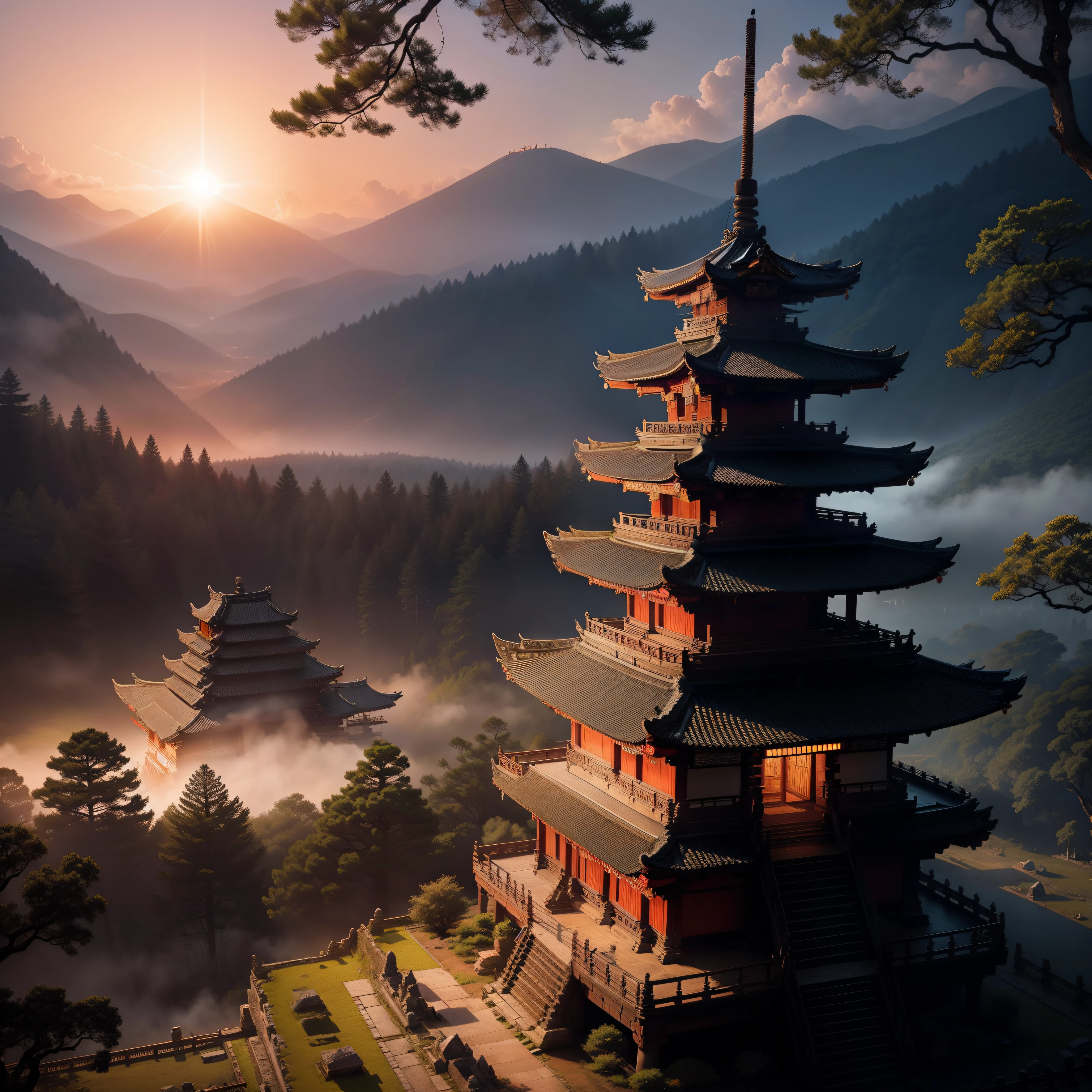 "An ancient temple nestled amidst eerie nature, surrounded by towering trees, with samurai engaged in intense practice before it, bathed in the ethereal glow of a massive sun."