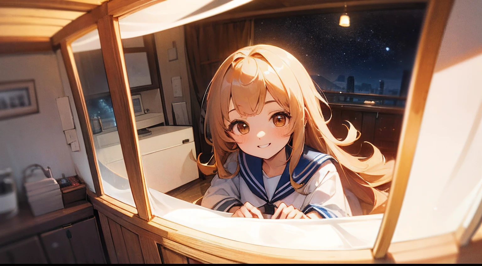 top-quality、hight resolution、detaileds、Beautiful girl with long chestnut hair、Light blue short-sleeved sailor suit、Fluffy long hair、Cute appearance、Rin々Smile、Rooms for single people、Brown eyes、Happy Space、