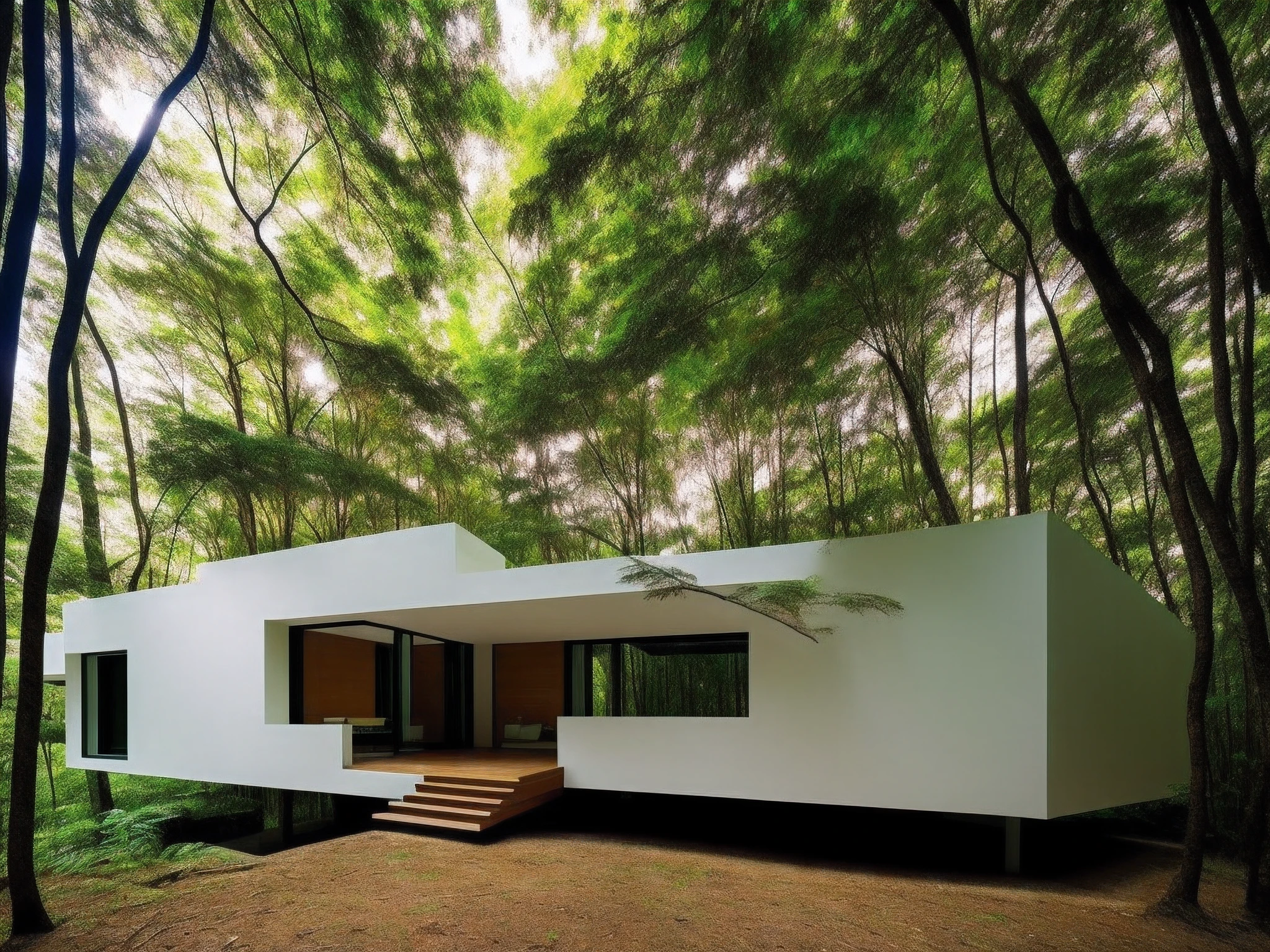 Um casa ultra moderna futurista, com acabamentos de metal, com detalhes de a ouro brilhante, casa inspirada em oscar niemeyer, estrutura da casa desafiando as leis da gravidade, casa moderna desafiando a lei da gravidade, em um fundo de uma floresta nativa, dia ensolarado com poucas nuvens, Realistic photography.