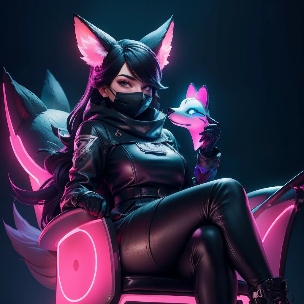A lady wearing a face mask sitting on a big chair with her big fox, neon lights night