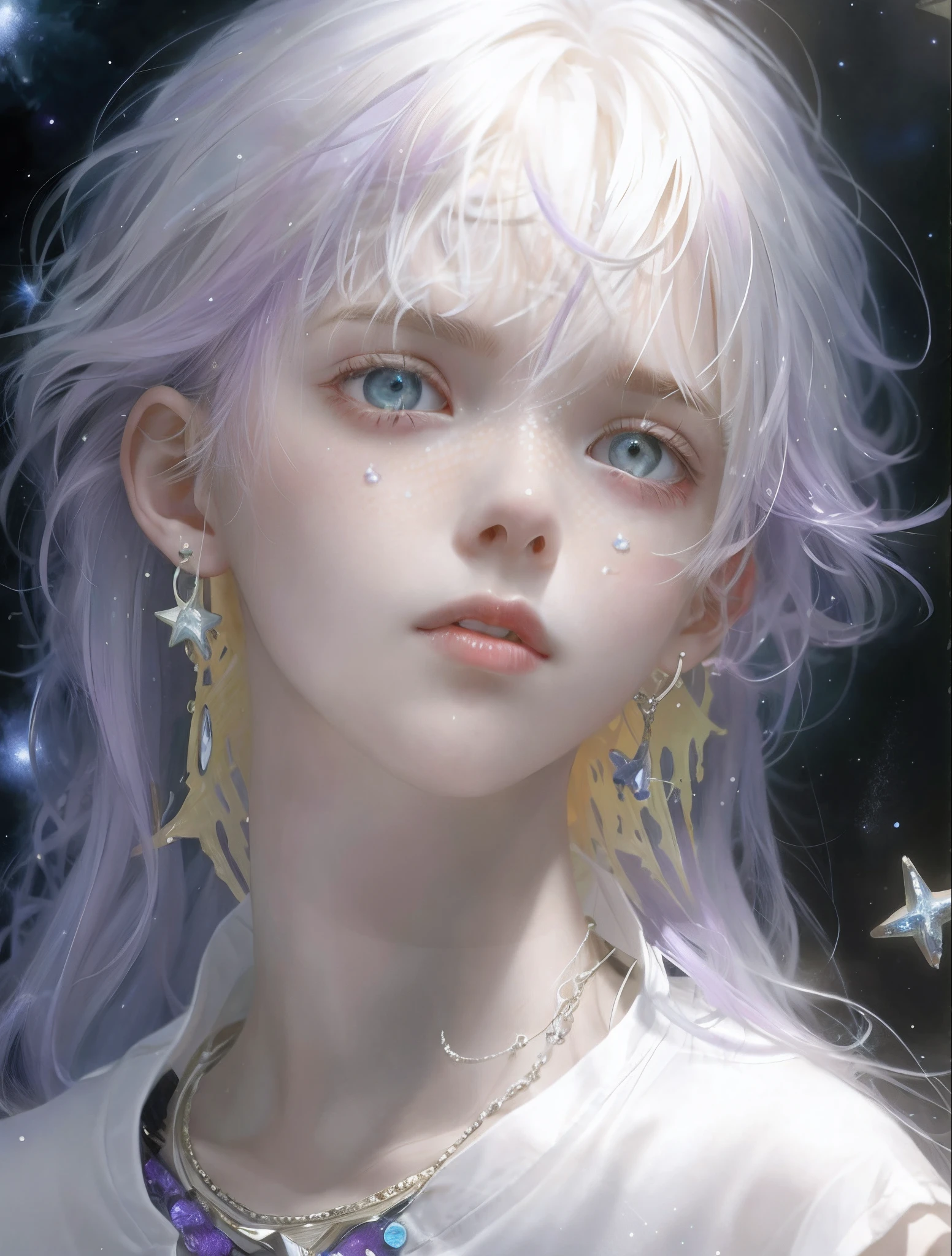 A purple-haired child sunk in the deep sea，Schools of fish，Stars shining brightly