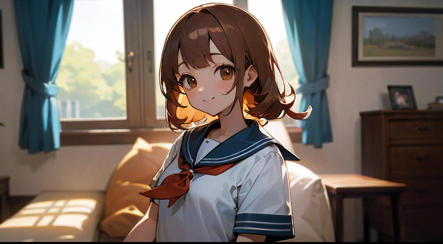 top-quality、hight resolution、detaileds、Beautiful girl with chestnut hair、Light blue short-sleeved sailor suit、Fluffy long hair、Cute appearance、Rin々Smile、Rooms for single people、Brown eyes、