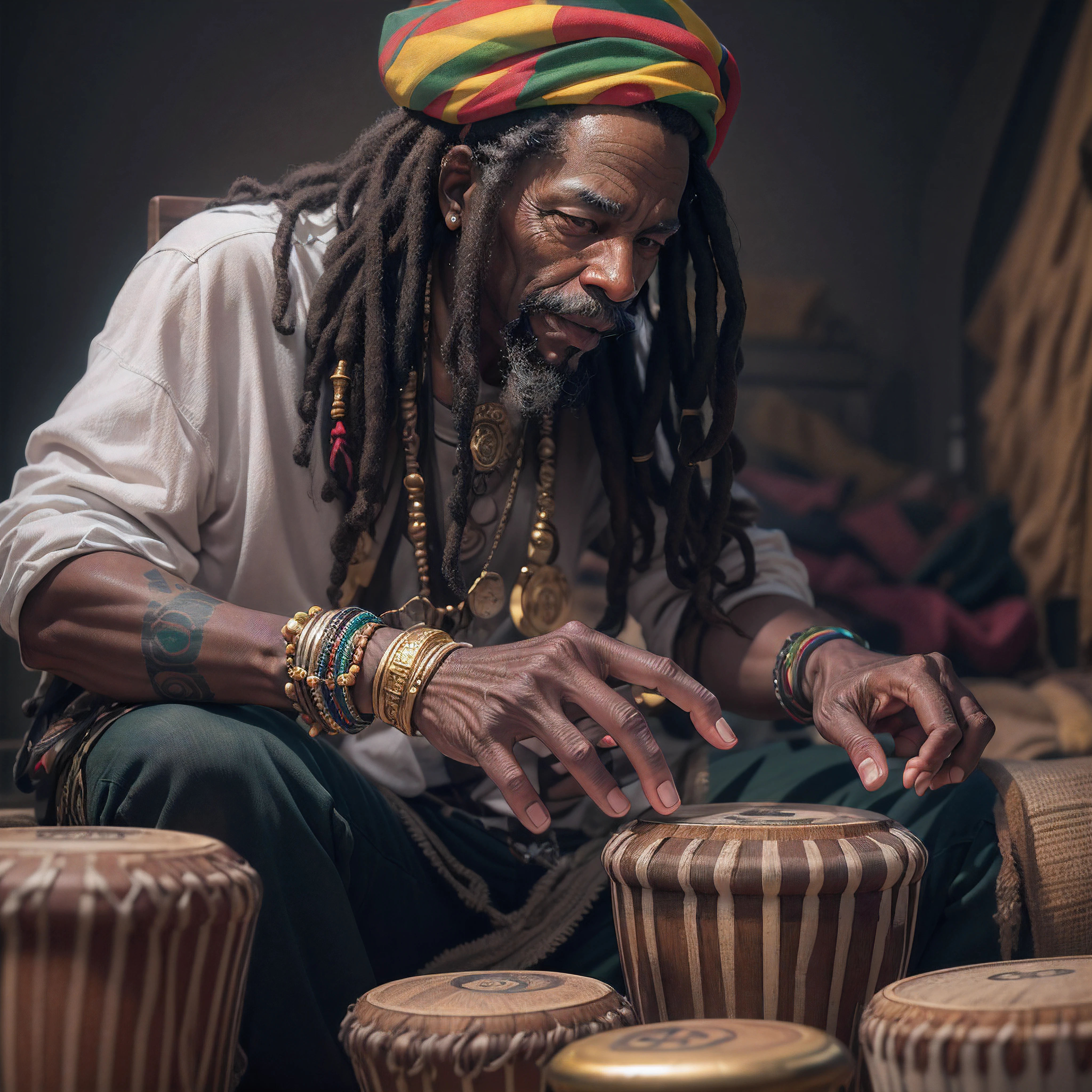 Rastafari Oldman playing a hyper detailed bongo with Rastafari symbols with gold Rastafari accessories on his white dreadlocks, fotografia, soft-lighting, detalhes suaves, octana, Artstation Trend, ultra alto detalhe, Ultra realista, cinemactic, 16k, Imagem com pelo menos 300dpi, fundo preto, lighting to highlight the background figure