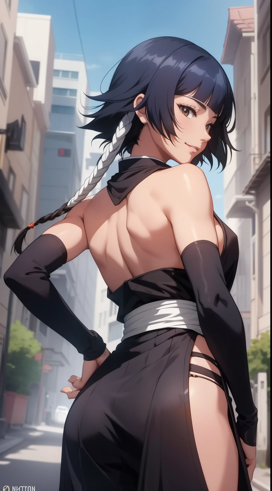 ( anime screencap:1.1),outdoors,
1girl, solo, black hair, sideboob,standing, short hair with long locks, hip vent, short hair, small breasts, (brown eyes:1.1),black hakama, no bra, gloves, hakama skirt,low twin braids,sash,cowboy shot, from behind, looking back, , back,backless outfit, looking at viewer, smirk,from below, hands on hips,