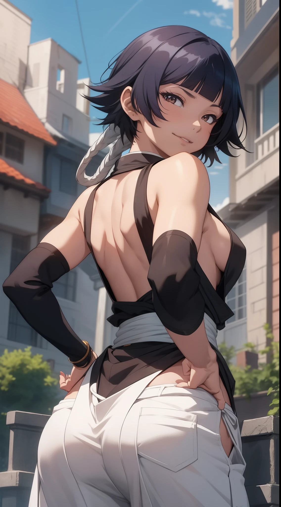 ( anime screencap:1.1),outdoors,
1girl, solo, black hair, sideboob,standing, short hair with long locks, hip vent, short hair, small breasts, (brown eyes:1.1),black hakama, no bra, gloves, hakama skirt,low twin braids,sash,cowboy shot, from behind, looking back, , back,backless outfit, looking at viewer, smirk,from below, hands on hips,