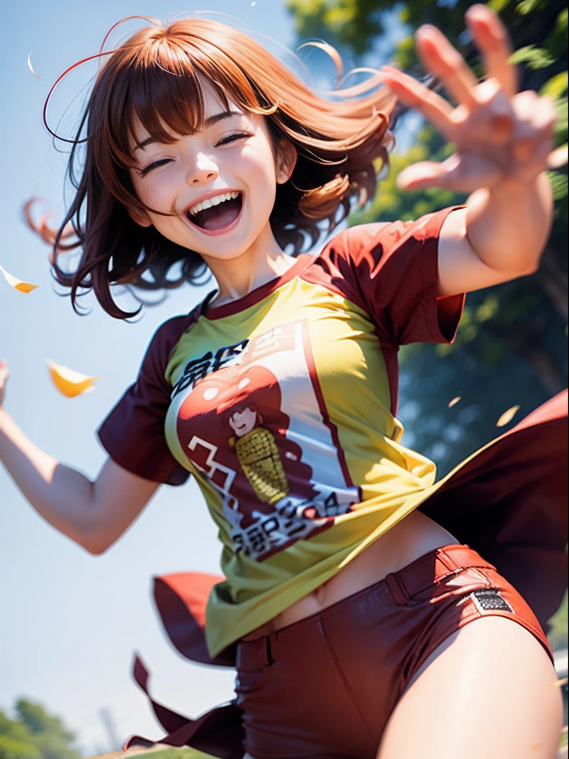 1girl in(((Laughing)))、Reaching the climax:1.３, short-cut、masutepiece、Bottoms are randomly generated、（ Corn illustration printed shirt ）、brown and dense hair、Red GI Cut、fleeing、Background bokeh:1.5