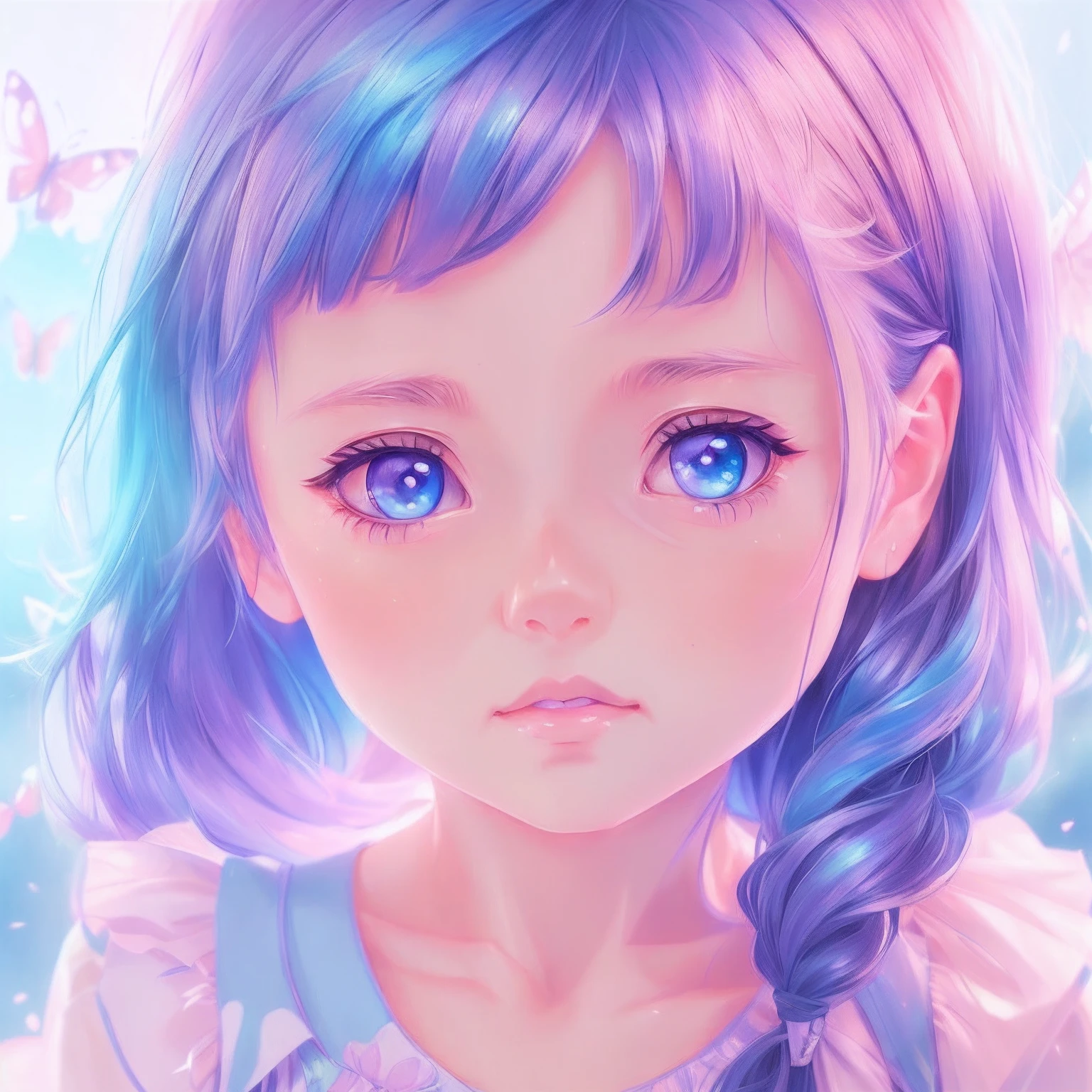 Anime girl with blue eyes and butterfly hair, artwork in the style of guweiz, adorable digital painting, cute detailed digital art, detailed portrait of anime girl, detailed digital anime art, Portrait of Cute Anime Girl, kawaii realistic portrait, highly detailed 4k digital art, stunning anime face portrait, cute anime girl portrait, portrait anime girl, Beautiful anime portrait