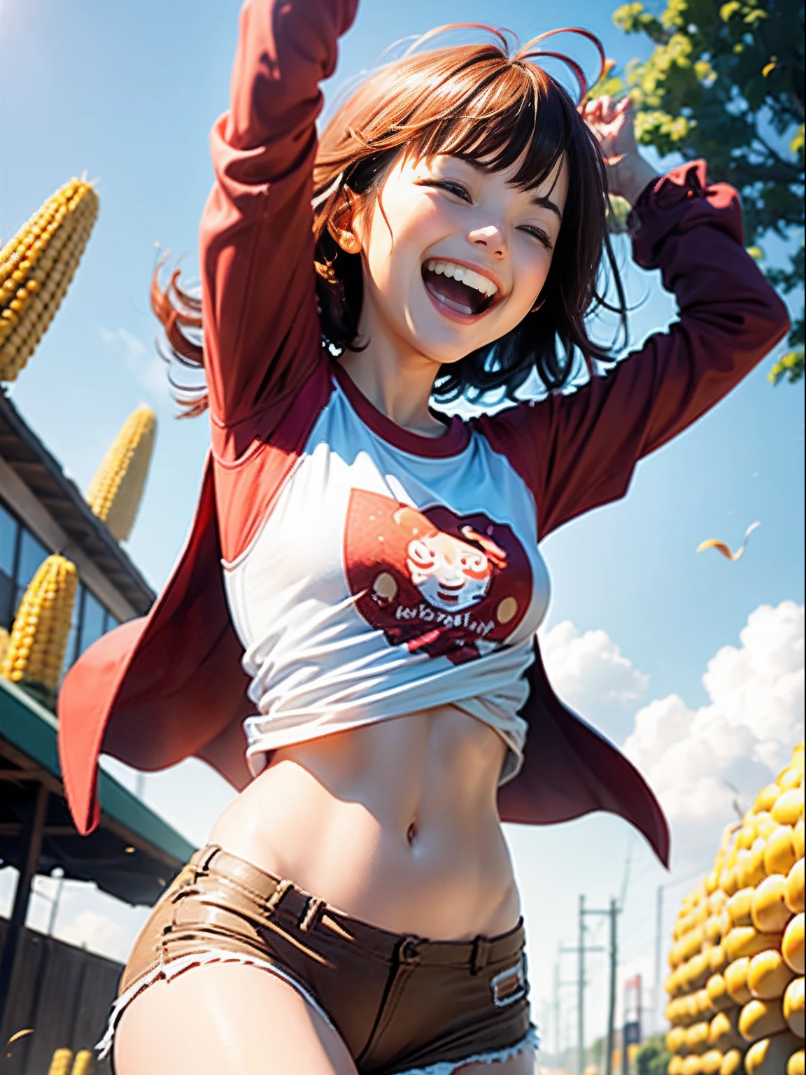 1girl in(((Laughing)))、Reaching the climax:1.3, short-cut、masutepiece、Bottoms are randomly generated、( Corn illustration printed shirt )、brown and dense hair、Red GI Cut、fleeing、Show the wind blowing her clothes,Background bokeh:1.5