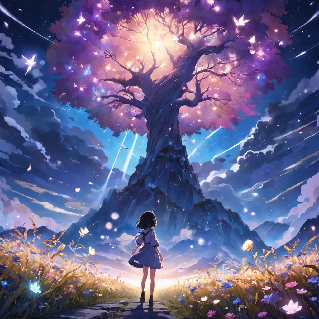 By Shinkai Makoto, Vast landscape photos , (View from below,Displays the sky above and clear below), a girl standing on flower field looking up, (fullmoon:1.2), ( meteors:0.9), (Starcloud:1.3), Far Mountain, Tree Break Production Art, (Warm light source:1.2), (firefly:1.2), lamp lights, Lots of purple and blue, Intricate details, Volumetric Lighting BREAK (masutepiece:1.2), (Best Quality), 4K, Ultra-detailed, (dynamic compositions:1.4), Highly detailed, Colorful Detail,( Iridescent colors:1.2), (Luminous lighting, Atmospheric lighting), Dreamy, Magical, (Solo:1.2)