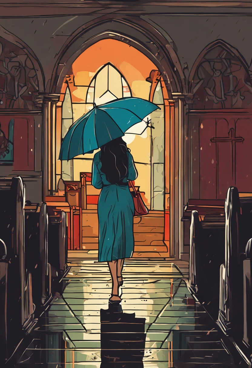 A woman walks into the church on a cloudy day during a rain shower."