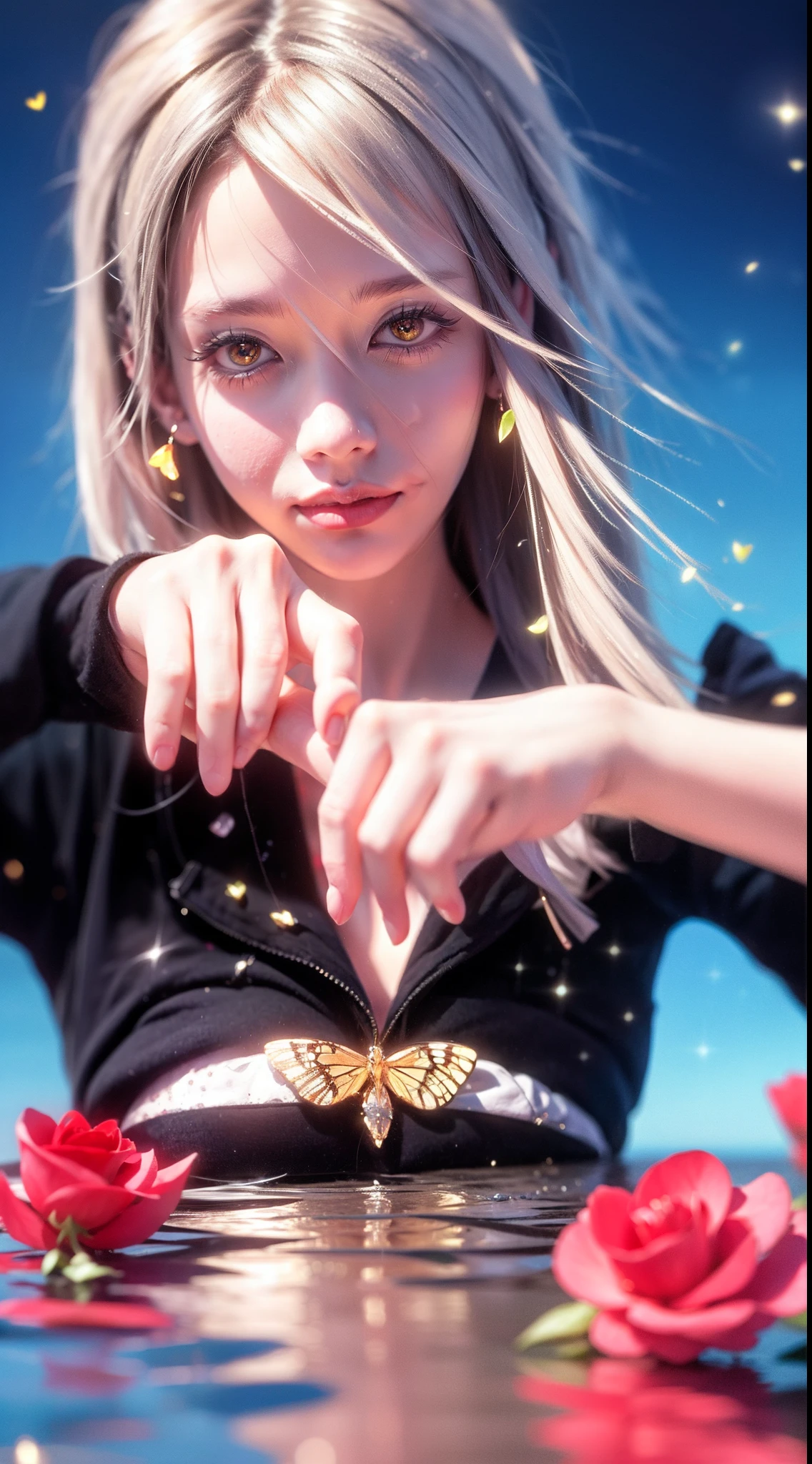 Garden covered with red roses in the background, Silver hair, front ponytail, eyes reflection, red contact lenses, Pink eyes,Heterochromia, Wear earrings, Blue crystal pendant,Evil smile, shairband,High detail, romanticism lain, Depth of field, Sparkle, Ray tracing, viewfinder, zoom layer, Close-up, Bokeh, Anatomically correct, High details, 1080p, Ultra HD
Woman,High ponytail,a sailor suit,Half out of the water,Get wet,Clothing water pattern detail,The expression is solemn,holding knives,Shiny blade detail depiction,reflective light,
Gorgeous and delicate glowing little butterfly hair ornament,brilliant colorful,Fine engraving,Shine brightly,The attention to detail,The jewelry is of high quality,Extremely high image quality