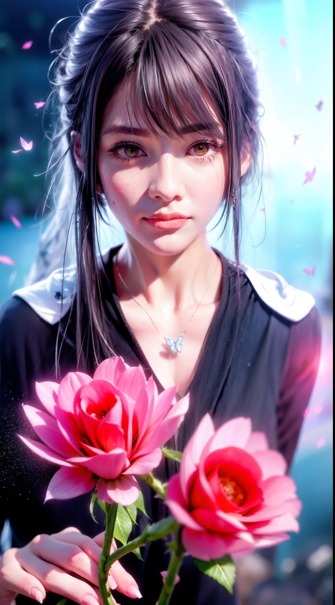 Garden covered with red roses in the background, Silver hair, front ponytail, eyes reflection, red contact lenses, Pink eyes,Heterochromia， Wear earrings, Blue crystal pendant，Evil smile, shairband，High detail, romanticism lain, Depth of field, Sparkle, Ray tracing, viewfinder, zoom layer, Close-up, Bokeh, Anatomically correct, High details, 1080p, Ultra HD
Woman，High ponytail，a sailor suit,Half out of the water，Get wet，Clothing water pattern detail，The expression is solemn，holding knives，Shiny blade detail depiction，reflective light，
Gorgeous and delicate glowing little butterfly hair ornament，brilliant colorful，Fine engraving，Shine brightly，The attention to detail，The jewelry is of high quality，Extremely high image quality