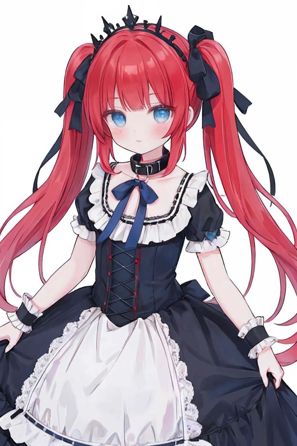 Red hair, Blue eyes, twintails, Goth Lolita, Darkgoth, Collar,Crown tiara,pride,solo,loli,Long hair,{{best quality}}, {{masterpiece}}, {{ultra-detailed}}, {illustration}, {detailed light}, {an extremely delicate and beautiful},
