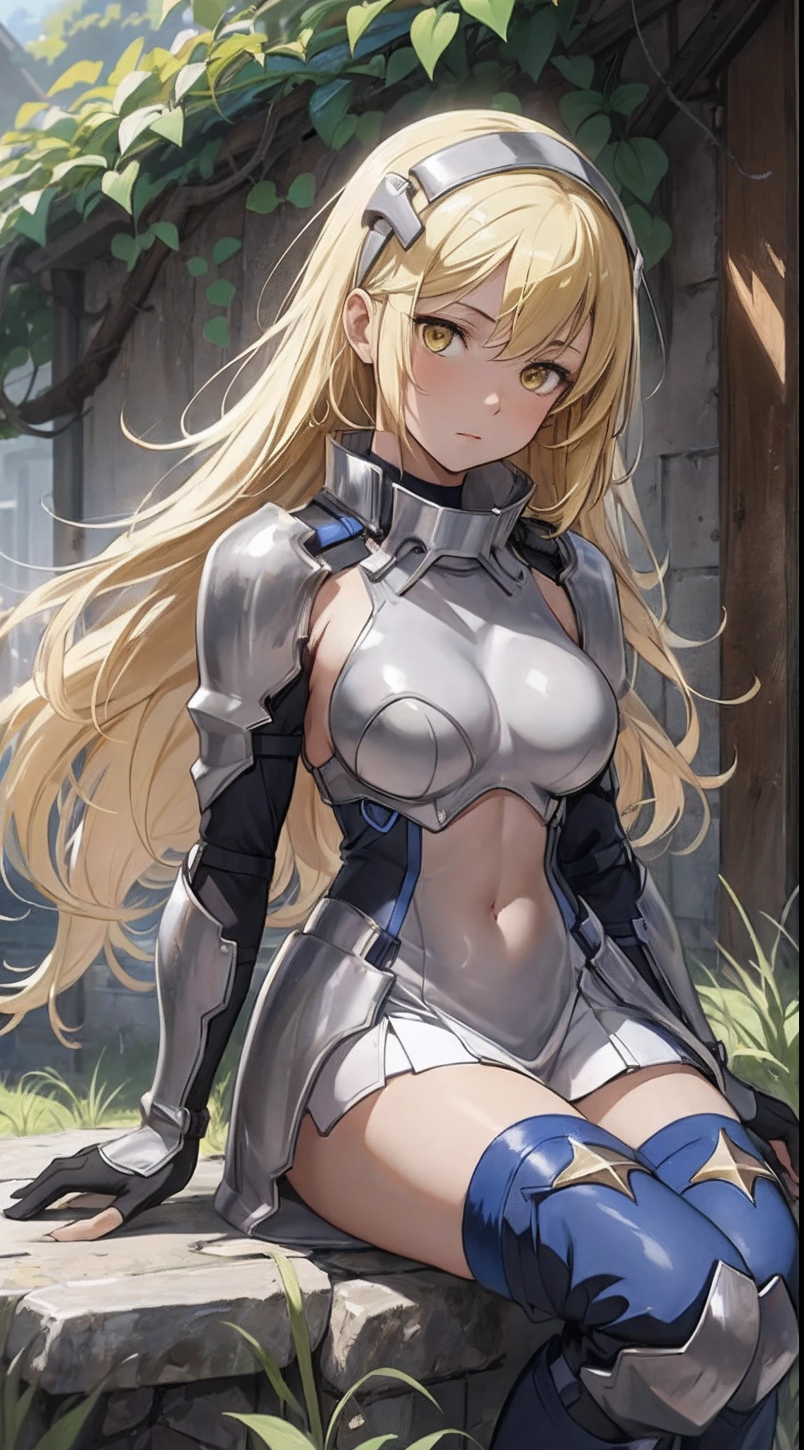 ais, 1girl, solo, blonde hair, armor, long hair, straight hair, thighhighs, boots, dress, yellow eyes, thigh boots, blue long boots, blue footwear, covered navel, breastplate, shoulder armor, gloves, white dress outdoor, sunny, standing, sitting