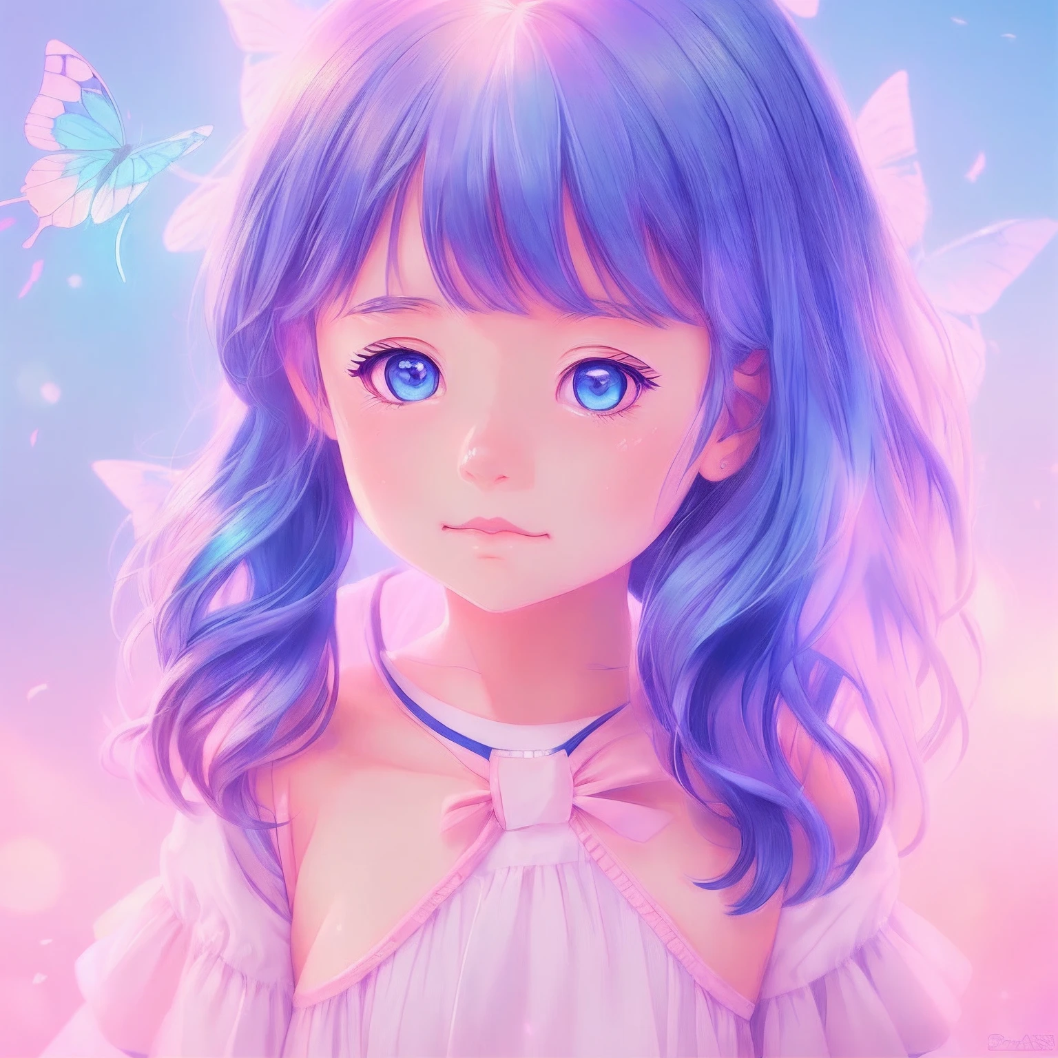 Anime girl with blue eyes and butterfly hair, artwork in the style of guweiz, adorable digital painting, cute detailed digital art, detailed portrait of anime girl, detailed digital anime art, Portrait of Cute Anime Girl, kawaii realistic portrait, highly detailed 4k digital art, stunning anime face portrait, cute anime girl portrait, portrait anime girl, Beautiful anime portrait