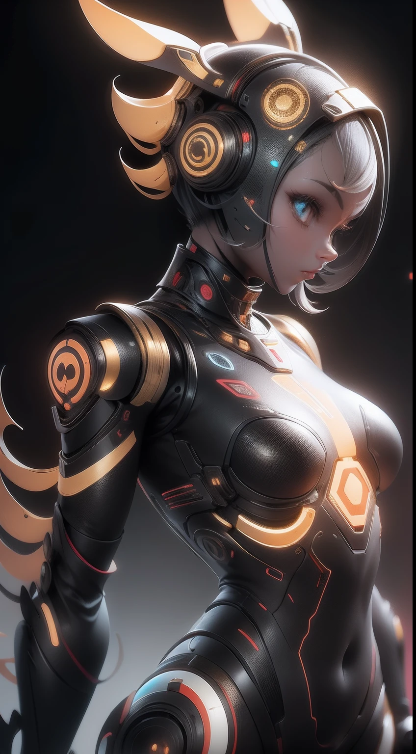 Full-body humanoid robot, Futuristic style, With refined features, Has a sporty body type, Has a symmetrical body, Gold body，Black and red touch, Slim body on black background with neon touch, Has detailed symmetry surfaces, ultrasharp, ultra-realistic realism, angle from side, octave render, 8K.