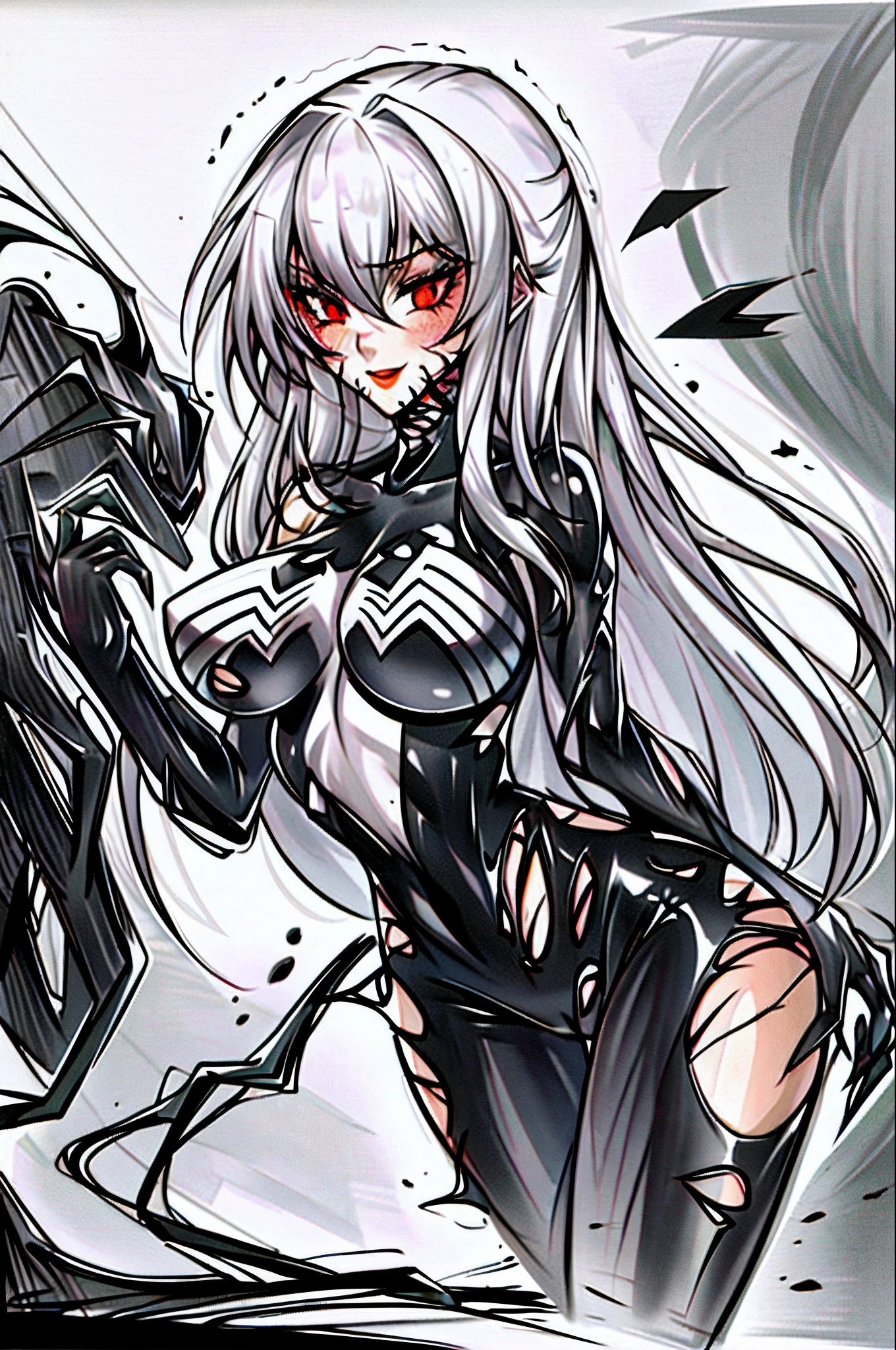 Masterpiece, Best quality, A high resolution, SH1, Red eyes, Gray hair and long hair,mitts, Black and white bodysuit, Makeup, standing, Cowboy shot, (Torn clothes:1.2),