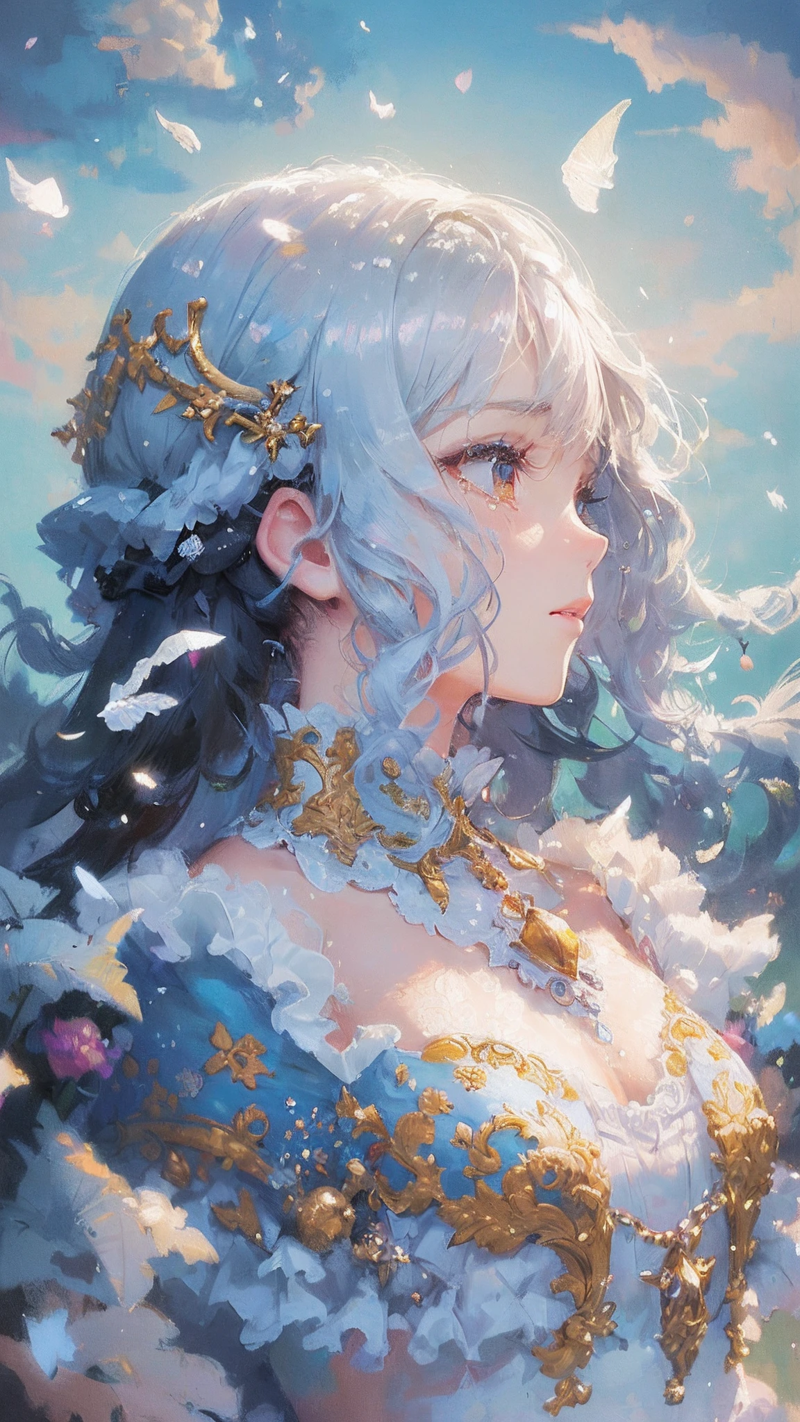 (masterpiece),((top-quality)),(offcial art),(Beautiful and indulgent:1.2),(1girl in:1.3),profile,Tears,((Tear streaks are flowing)),sad Facial expression,Small breasts,((Black Beauty)),breasts are small、BREAK,Beautiful woman in a snow-white dress,Detailed drawing。Vibrant colors。colourfull、highestdetailed ((ultra-detailliert)),(Highly detailed 2D illustrations),((Extremely delicate and beautiful))Super Detail