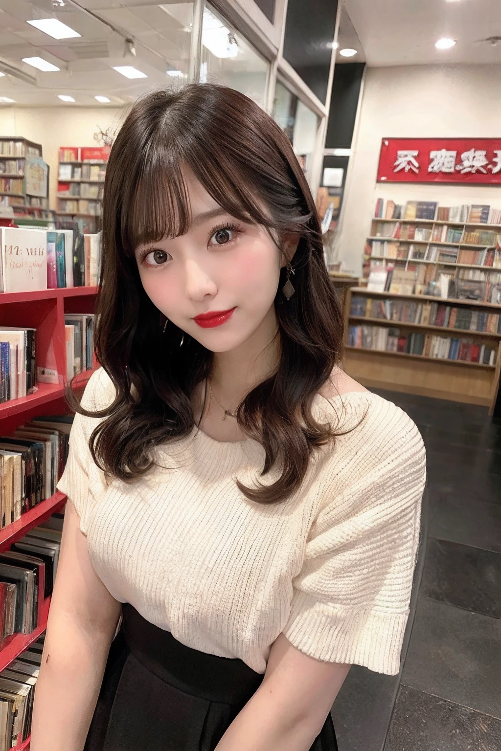 bookstore、25 year old pretty woman、Medium hair、perm、red-lips、full bodyesbian、