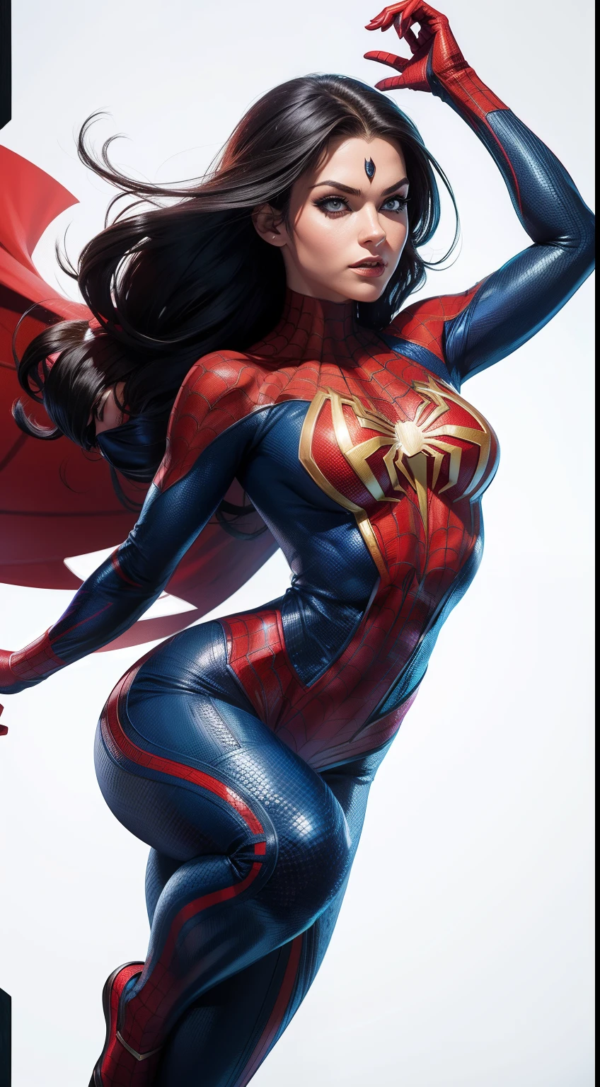 Keira Knightley、stick out the navel、new york、彼女は破れたSpidermanのスーツを着ている,Wearing a skirt、Abstract Photorealistic、Artistic、Alphonse Mucha paintings(masterpiece、highest quality、High resolution:1.4)、detailed、複雑なdetailed、4K、Splashes of color、Line art、Fibonacci、Spiderman、Marvel