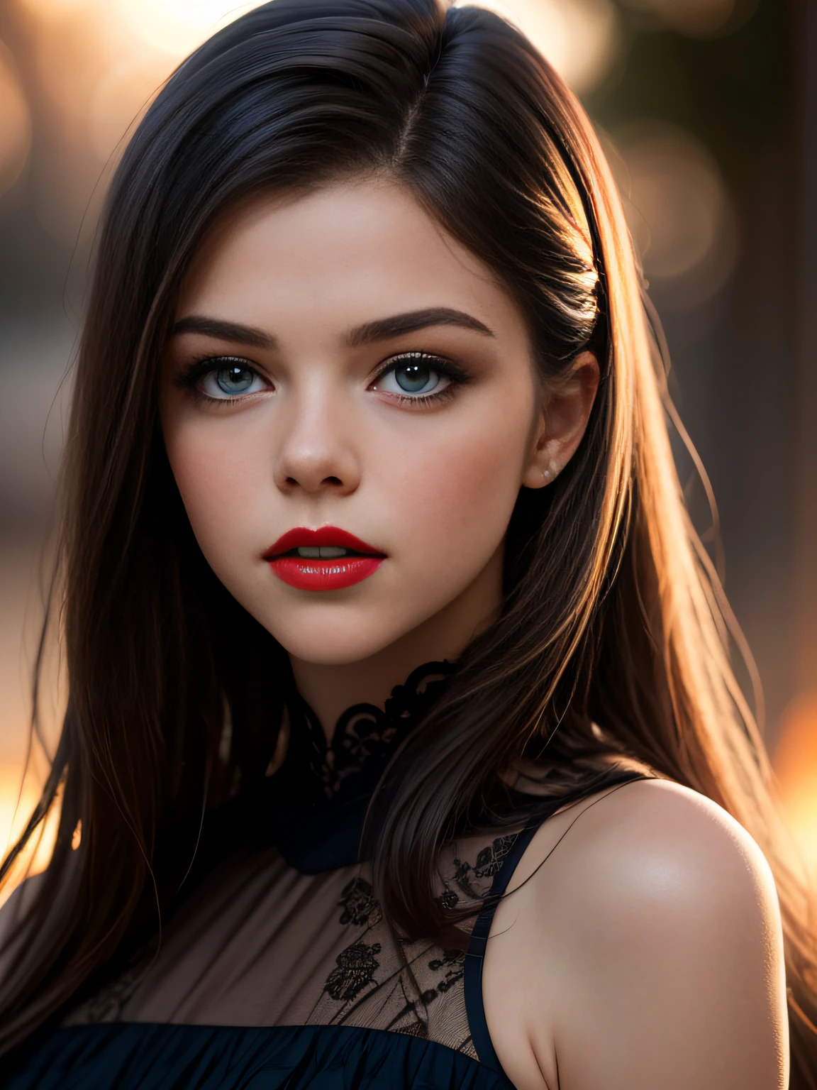 Foto de Georgie Henley, jovem bonita, longos cabelos, em um vestido azul posando para uma foto, Garota sexy, lovely woman, mulher bonita, Beautiful woman, mulher deslumbrante, Pose casual, Beautiful girl , atraente, olhar sexy, beautiful young lady, bela imagem, (red lips lipstick), maquiagem elegante, Sunset, estilo por (Steve McCurry), Dispositivo Nikon Z FX, Migalhas EF 70mm, Cinematic lighting, studio backdrop, style long exposure, tipo de tiro longo, cena de cores vibrantes, fotorrealista, Intrinsic, beautiful face, Rosto ultra-detalhado, corpo perfeito, corpo inteiro, Impeccable, Realistic, altamente detalhado, Art Station, trend, piece of master, Rosto realista, pele realista, olhos detalhados, grande arte, ultra realistic n-9 render, 4k, 8k, 16k, 20K, HDR, UHD, 64 mil, perfect lighting, studio lighting, fotorrealista, hyper realistic, symmetrical face, Motor irreal, Bokeh, High Resolution Scanning, fotografia profissional