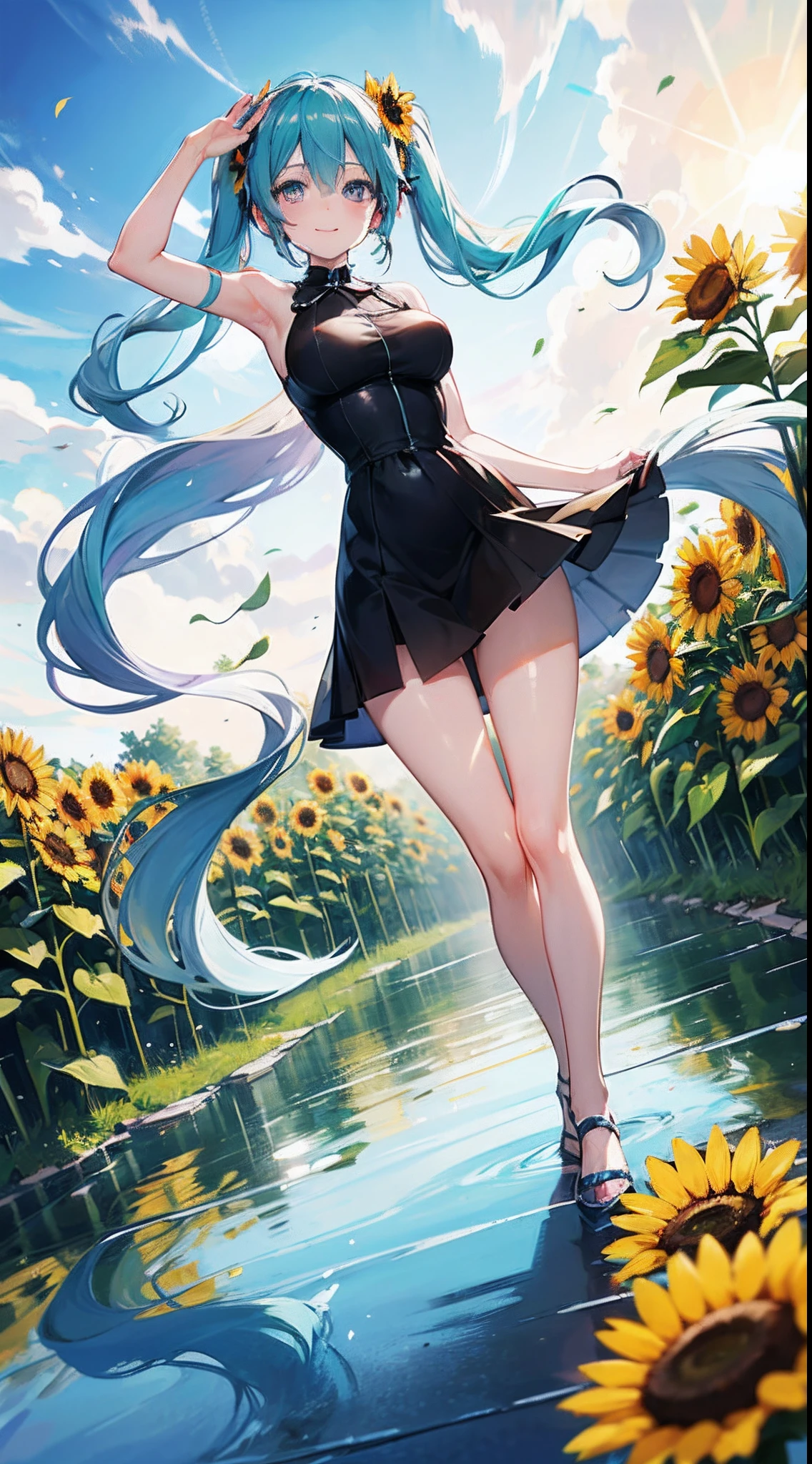 ((masterpiece)), ((best quality)), (ultra-detailed), ((kawaii)), cute, (lovely), ((sexy)), (ero), ((extremely detailed)), 4K, (8K), best quality, (beautiful), anime style, dynamic angle, full body, raise a hand, look up from below, full body focus, sunflower, beautiful sky, summer, Hatsune Miku, Miku, one-piece dress, beautiful green hair, beautiful purple eyes, ((beautiful eyes)), white-skinned, transparent hair, translucent hair, large breast, smile, lens flare, wind effect, reflection effect
