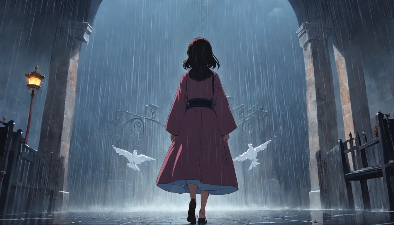 woman walks into the church on a cloudy day during a rain shower