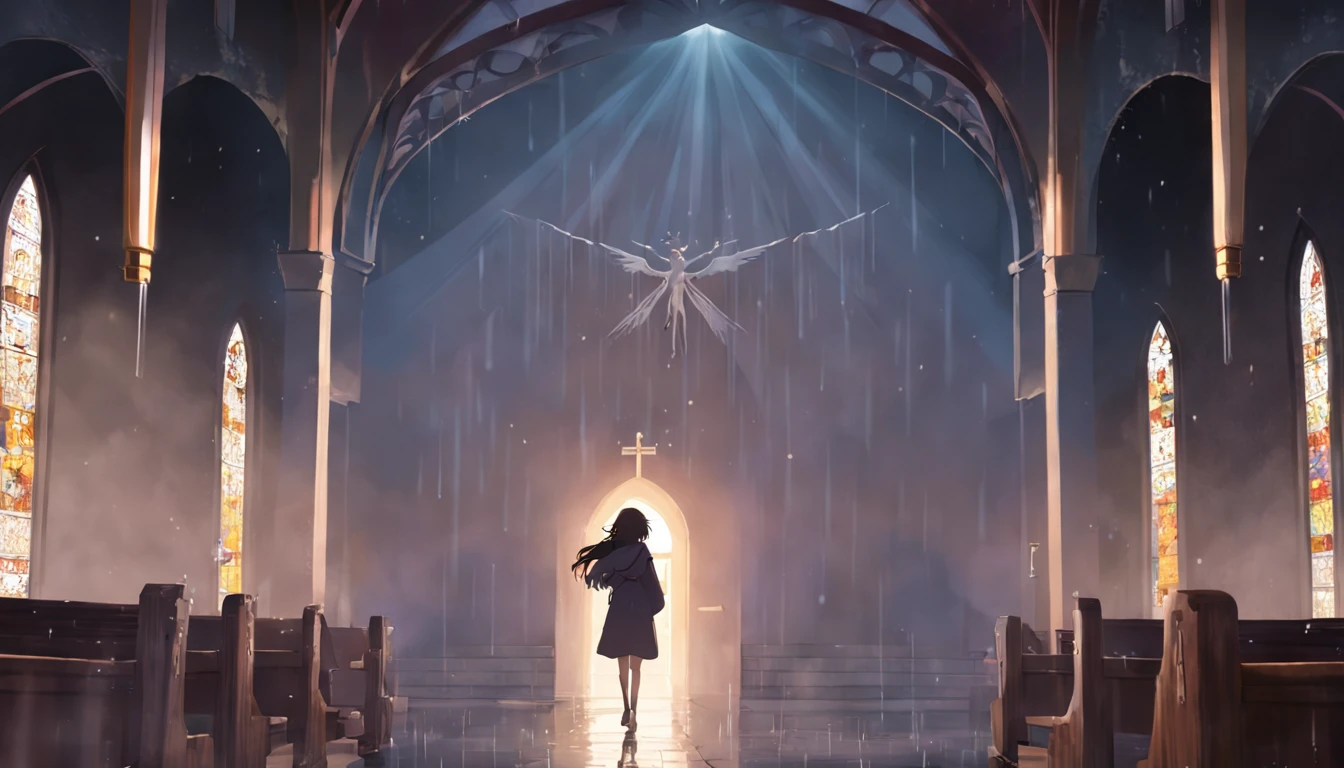 woman walks into the church on a cloudy day during a rain shower