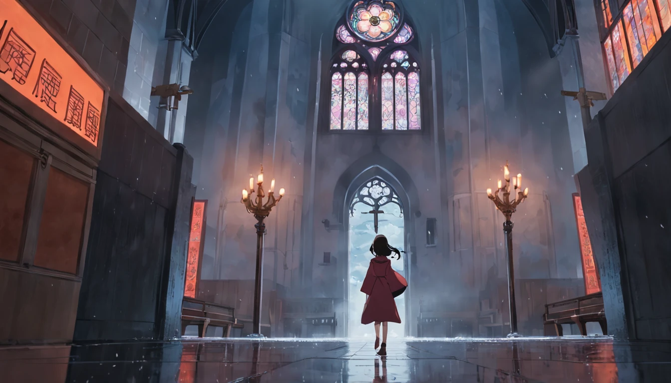 woman walks into the church on a cloudy day during a rain shower