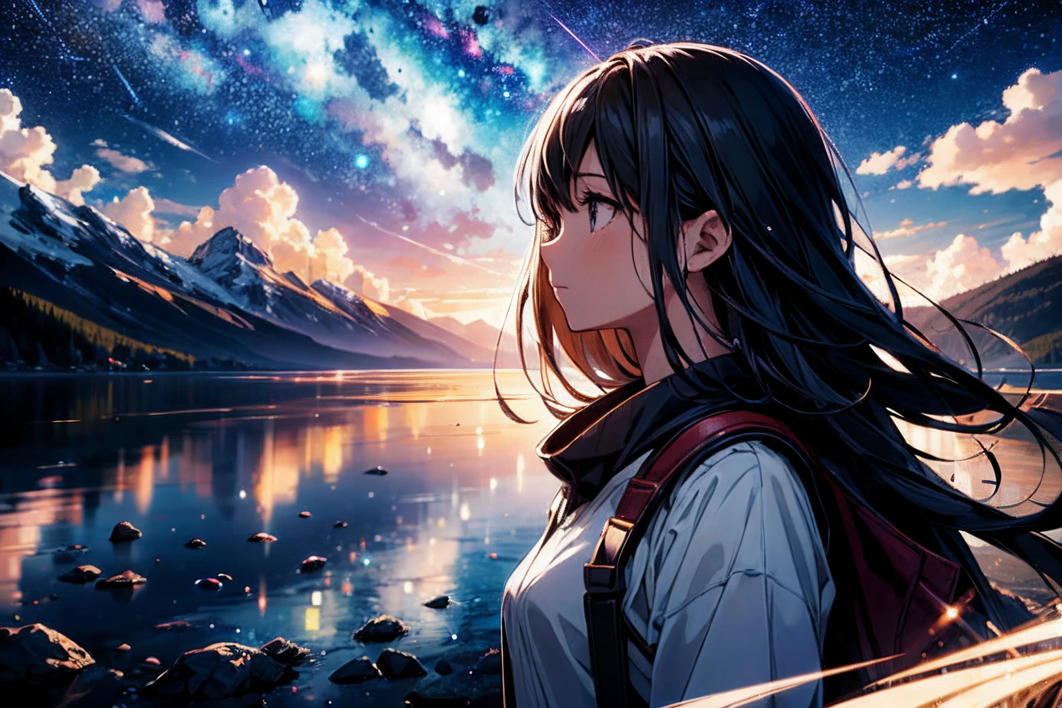 absurdres, highres, (official art, beautiful and aesthetic:1.2), close view,
1girl, shining sky, vast world, gazing, awe-inspiring expression, distant horizon, clouds, high hill, natural beauty, inspiration, night sky, Shining Stars,