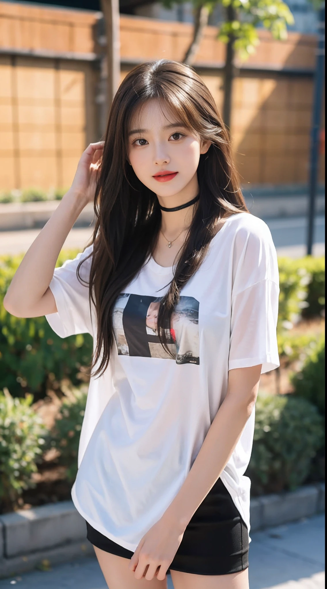 model shoot style,(The is very detailed的 CG unified 8k 壁纸),1个Giant Breast Girl,slender girl,ssmile,Best quality at best,(tmasterpiece:1.1),Watch by others,Brown hair long,Skinny wrap T-shirt,Hosiery,White background wall,white backgrounid,A girl with long hair,Long brown wavy hair,a beauti,On the street by the Yan River,Wearing a black miniskirt,中景 the scene is,natta,There are moons,lipsticks,ssmile,Beautiful figure,slenderness,in a panoramic view,high definition detail,choker necklace,eardrop,Hide your hands behind your back